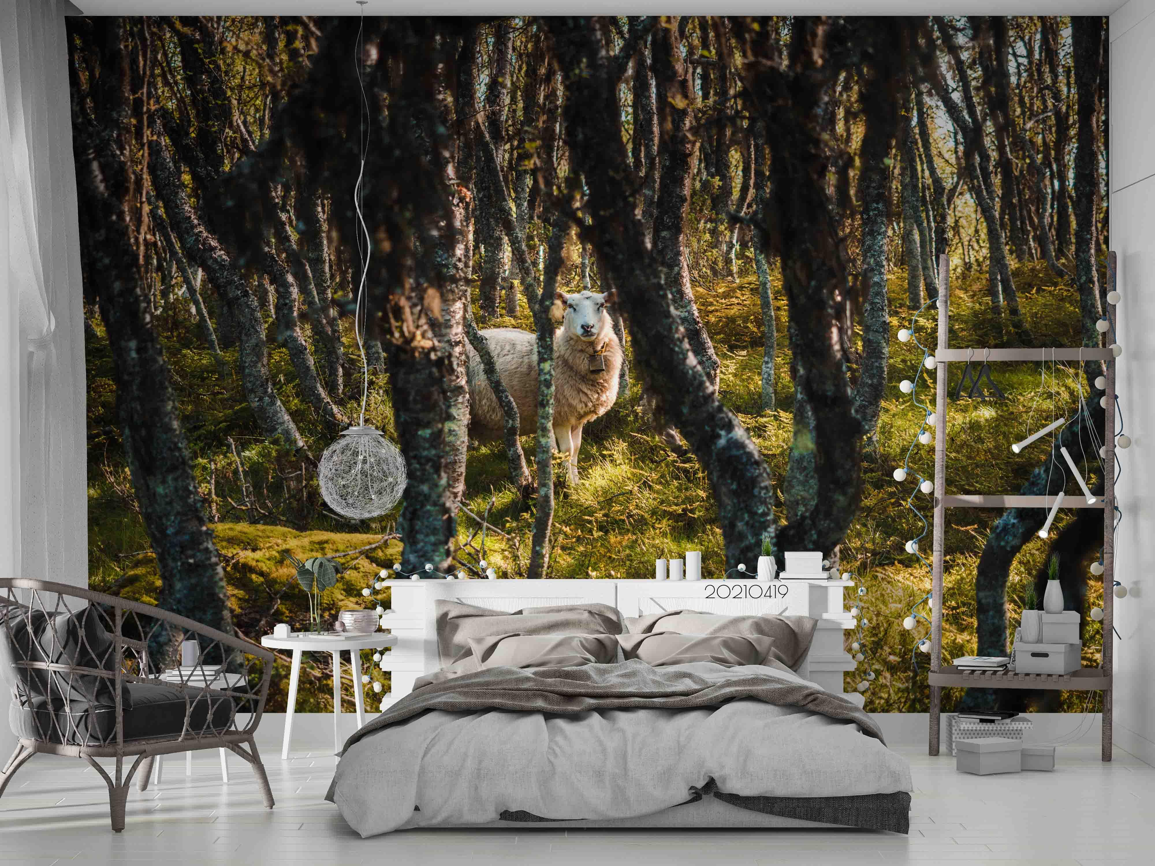 3D Forest Animal Sheep Landscape Wall Mural Wallpaper LQH 710- Jess Art Decoration
