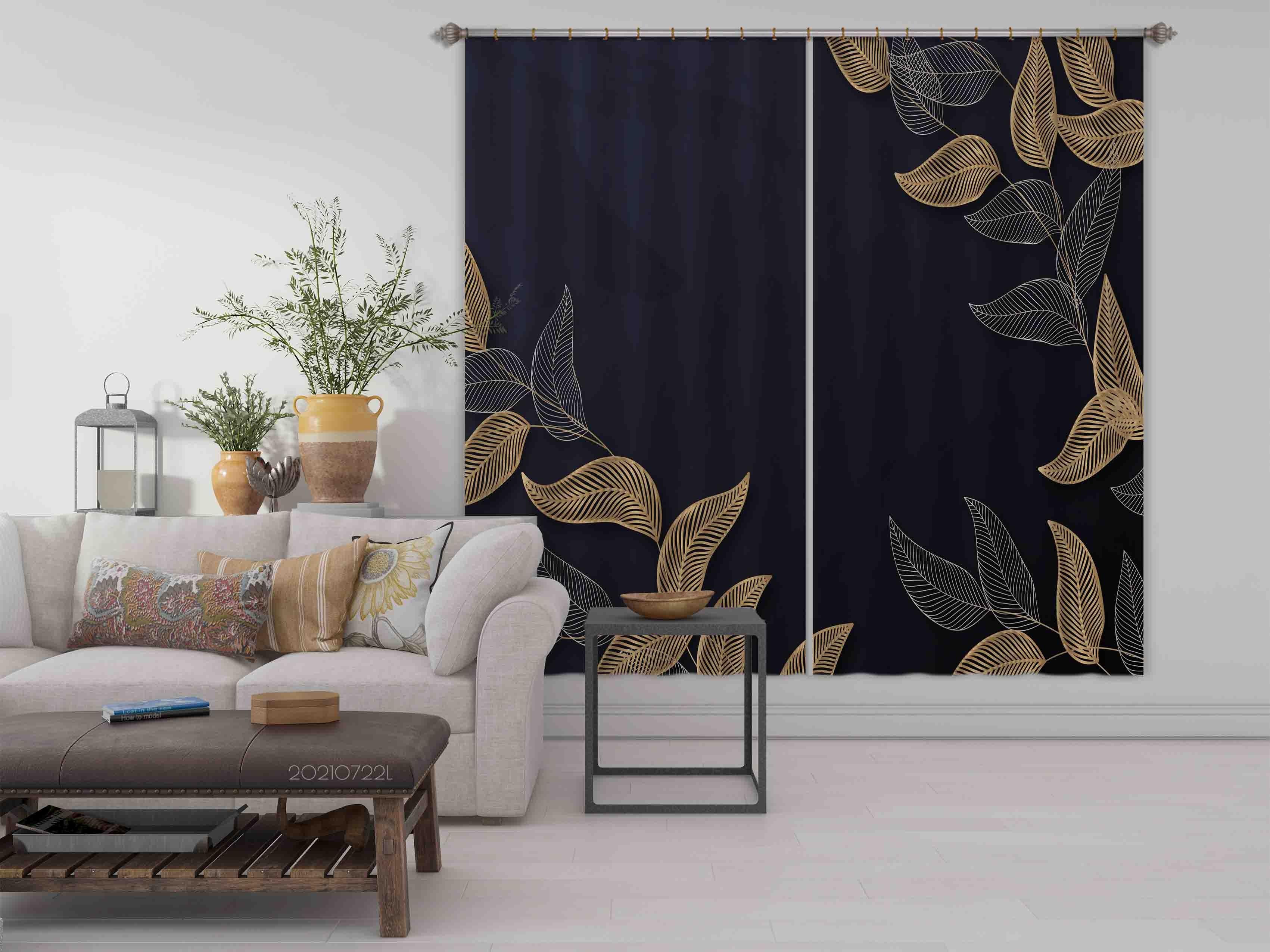 3D Hand Drawn Black Leaf Pattern Curtains and Drapes LQH 126- Jess Art Decoration