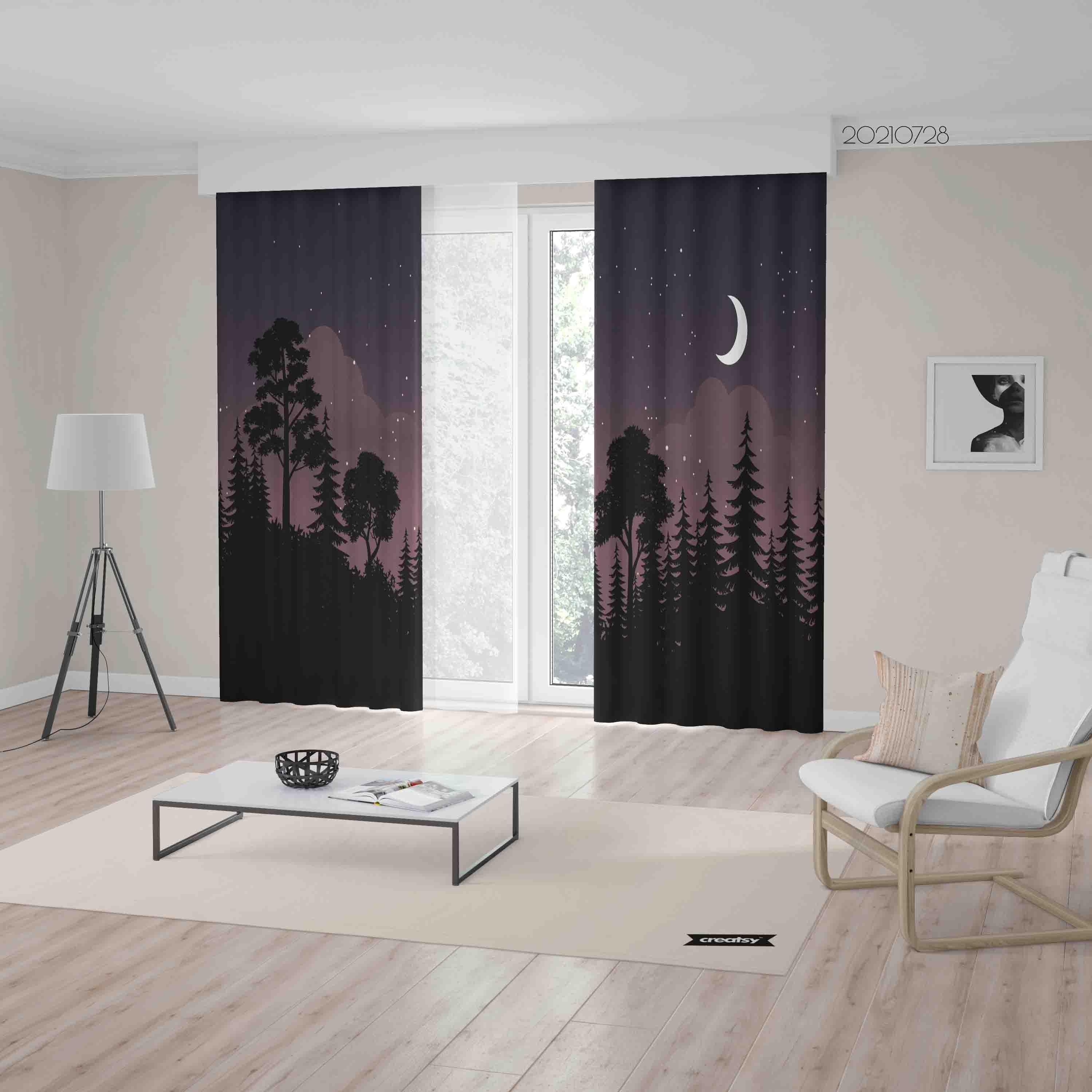 3D Night Sky Moon Forest Landscape Curtains and Drapes LQH 43- Jess Art Decoration
