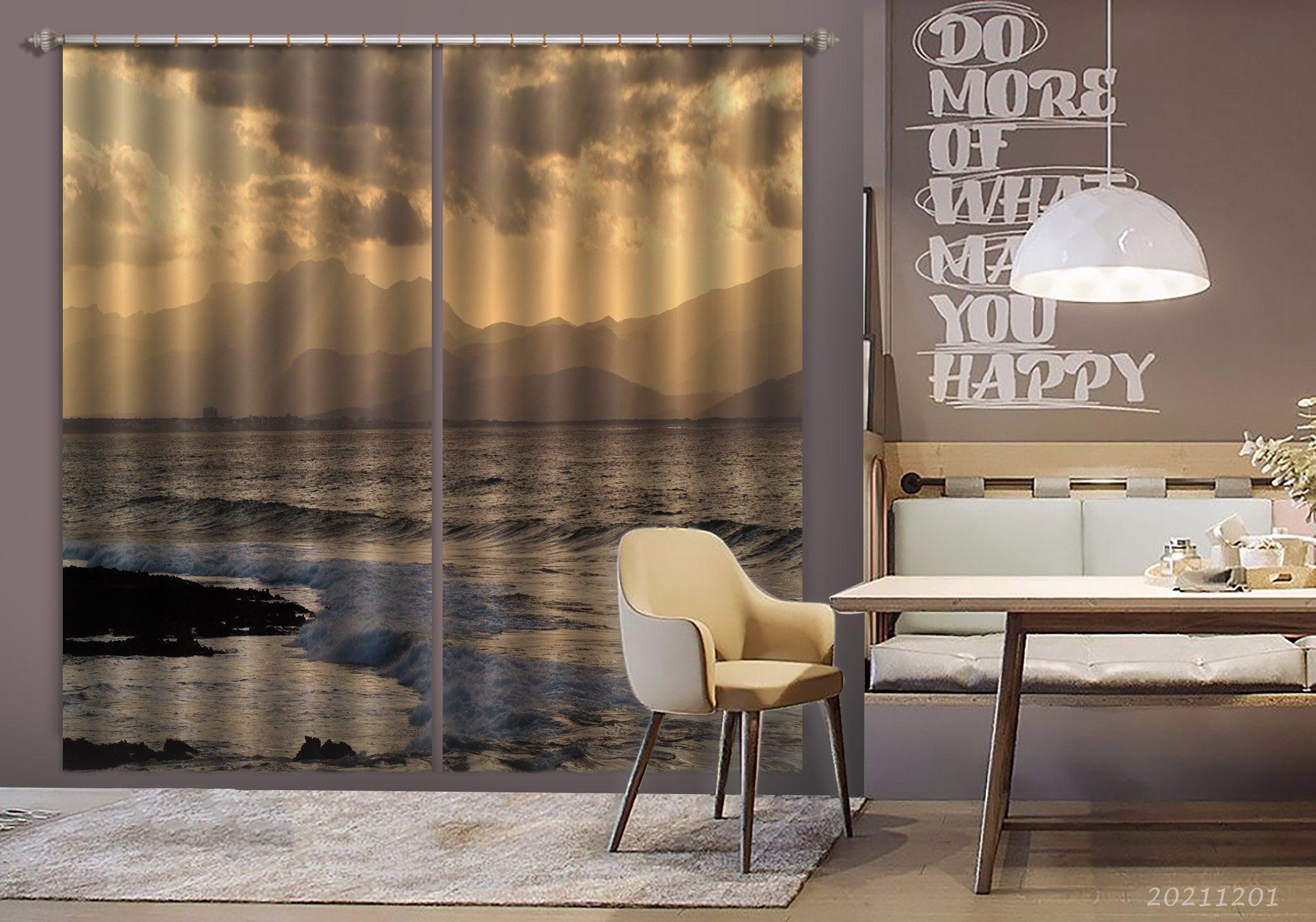 3D Ocean Wave Sky Mountain Landscape Grey Curtains and Drapes LLL 287- Jess Art Decoration