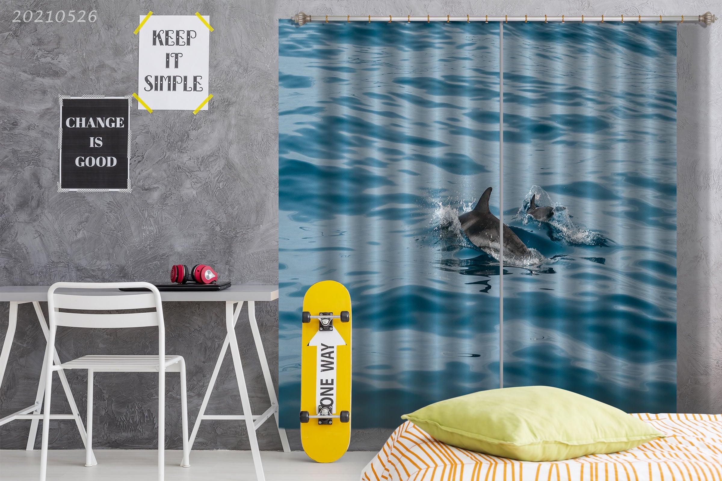 3D Azure Ocean Dolphin Curtains and Drapes GD 416- Jess Art Decoration