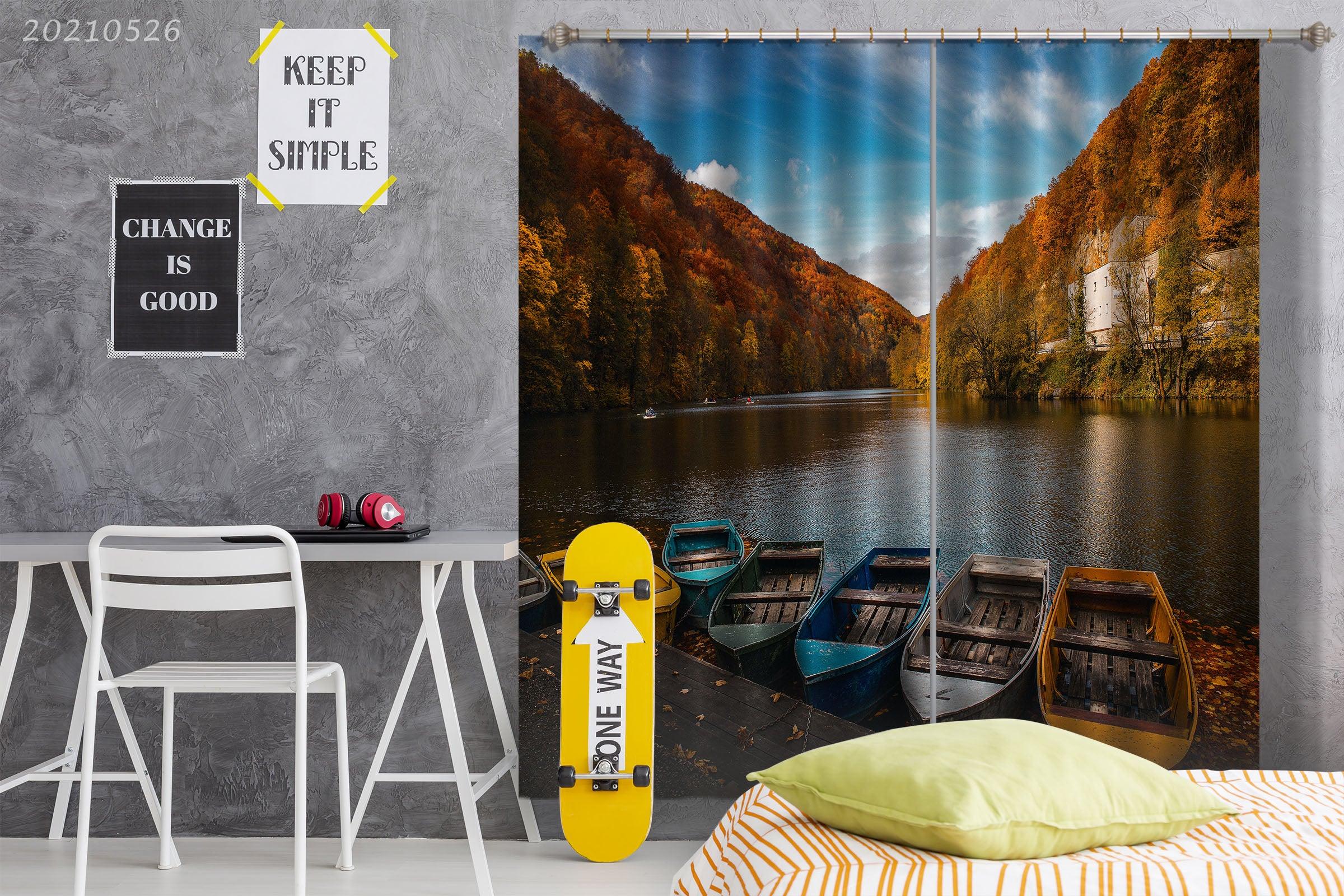 3D Autumn Golden Mountain Forest River Boat Curtains and Drapes GD 465- Jess Art Decoration