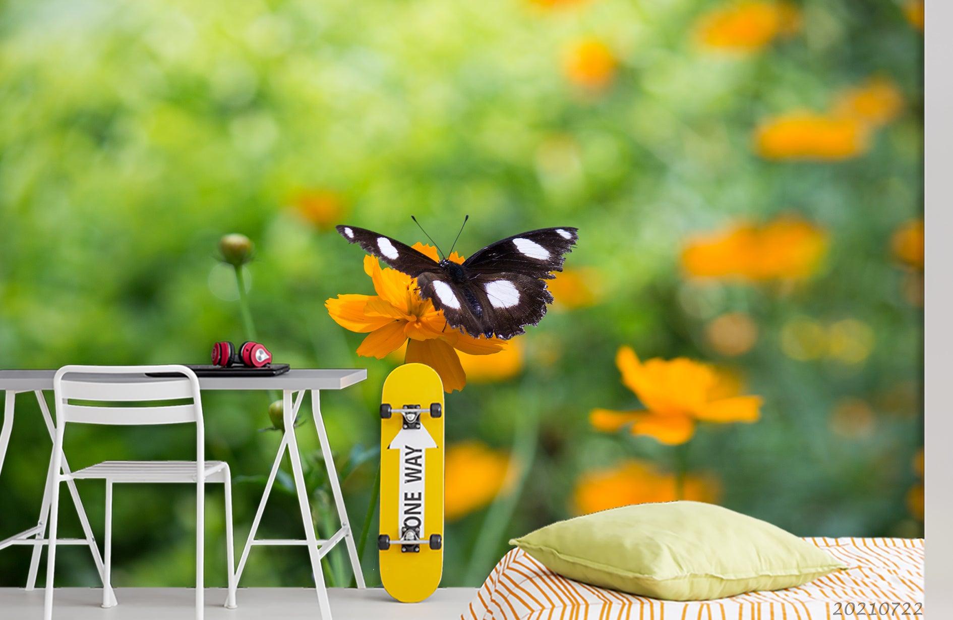3D Yellow Floral Green Leaf Butterfly Wall Mural Wallpaper LQH 27- Jess Art Decoration