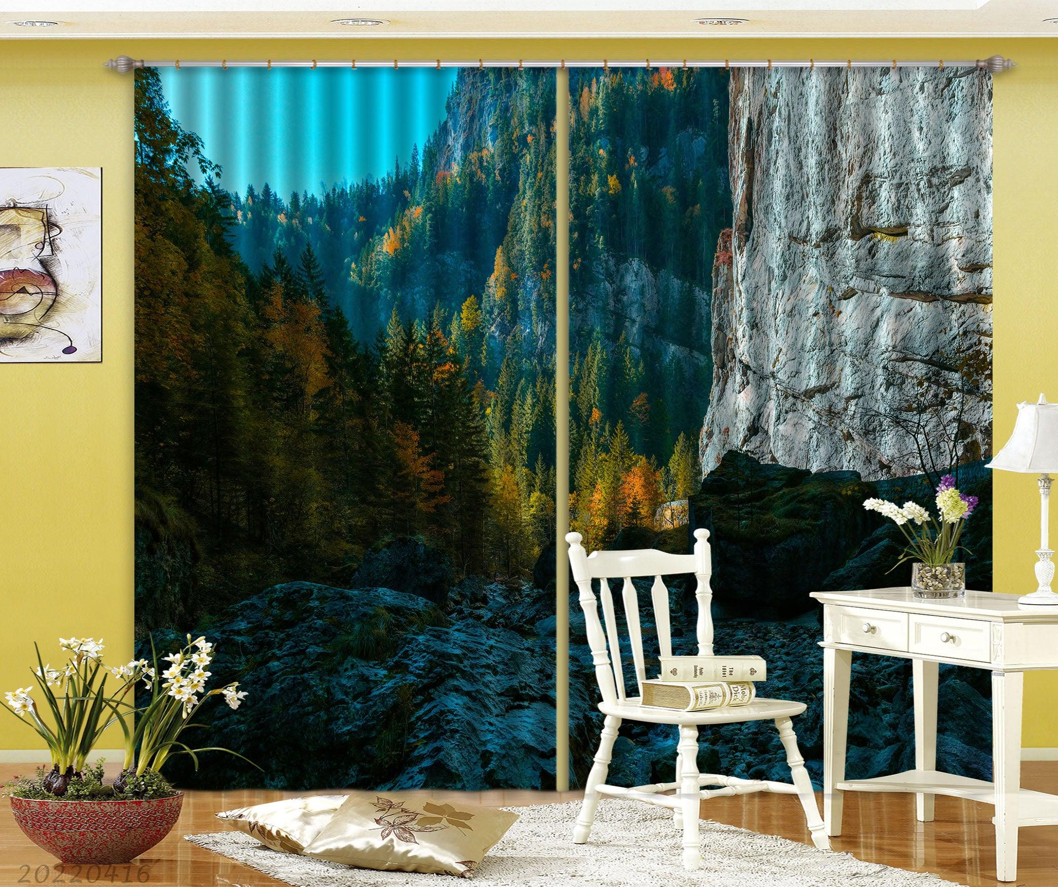 3D Landscape Mountain Rock Valley Plant Tree Curtains and Drapes GD 4335- Jess Art Decoration