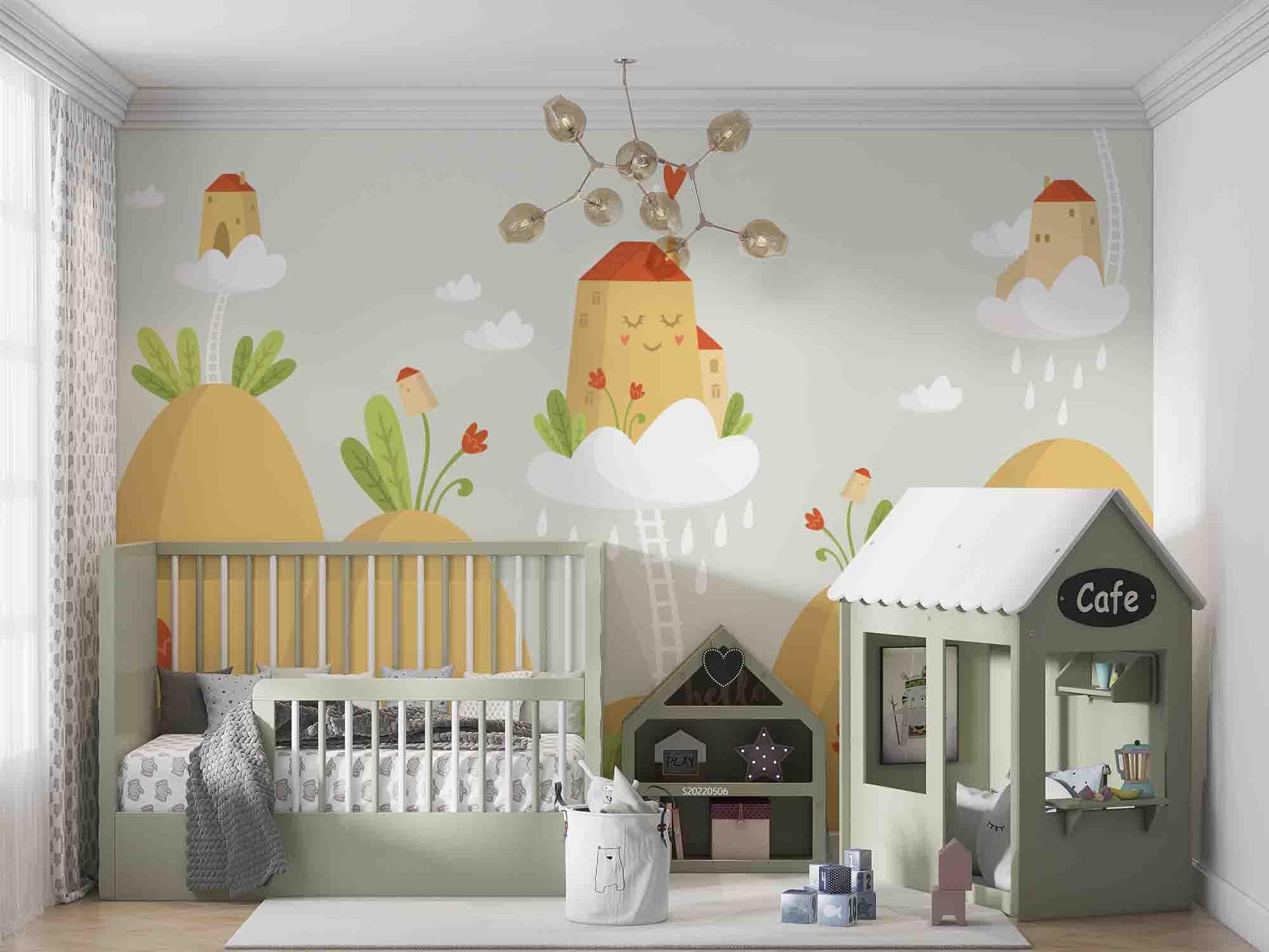 3D Cartoon Mountain House Cloud Rain Plant Wall Mural Wallpaper GD 4672- Jess Art Decoration