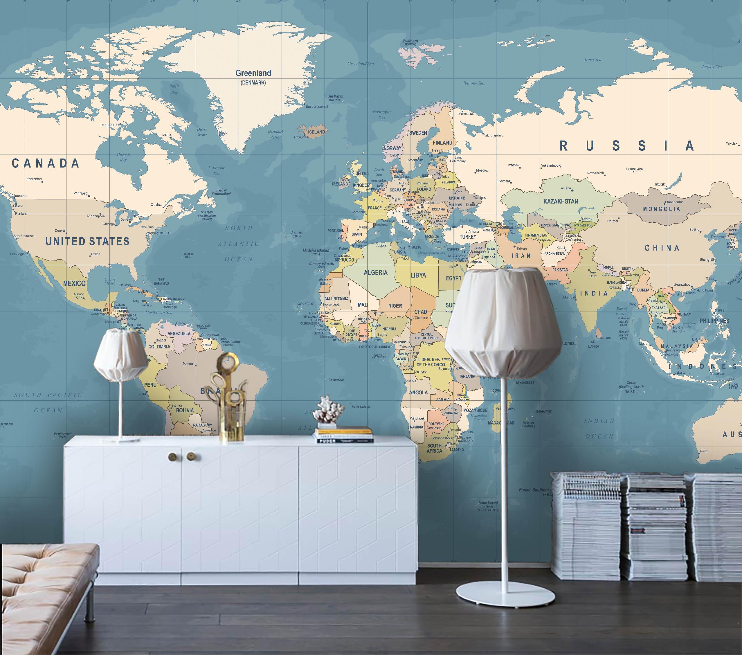 3D Blue World Map Wall Mural Wallpaper LQH 49- Jess Art Decoration