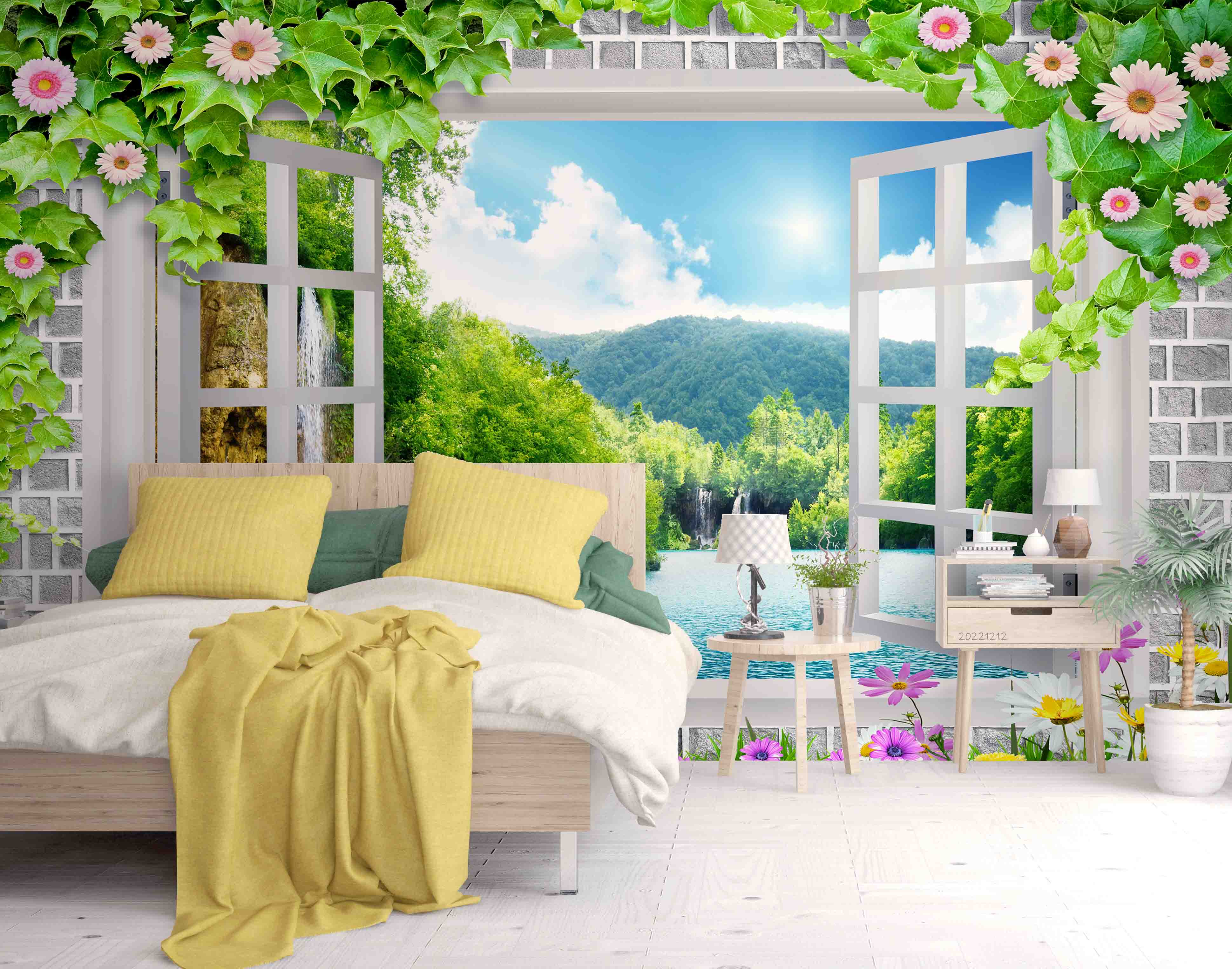 3D Window Landscape Lake Mountain Forest Wall Mural Wallpaper GD 1781- Jess Art Decoration
