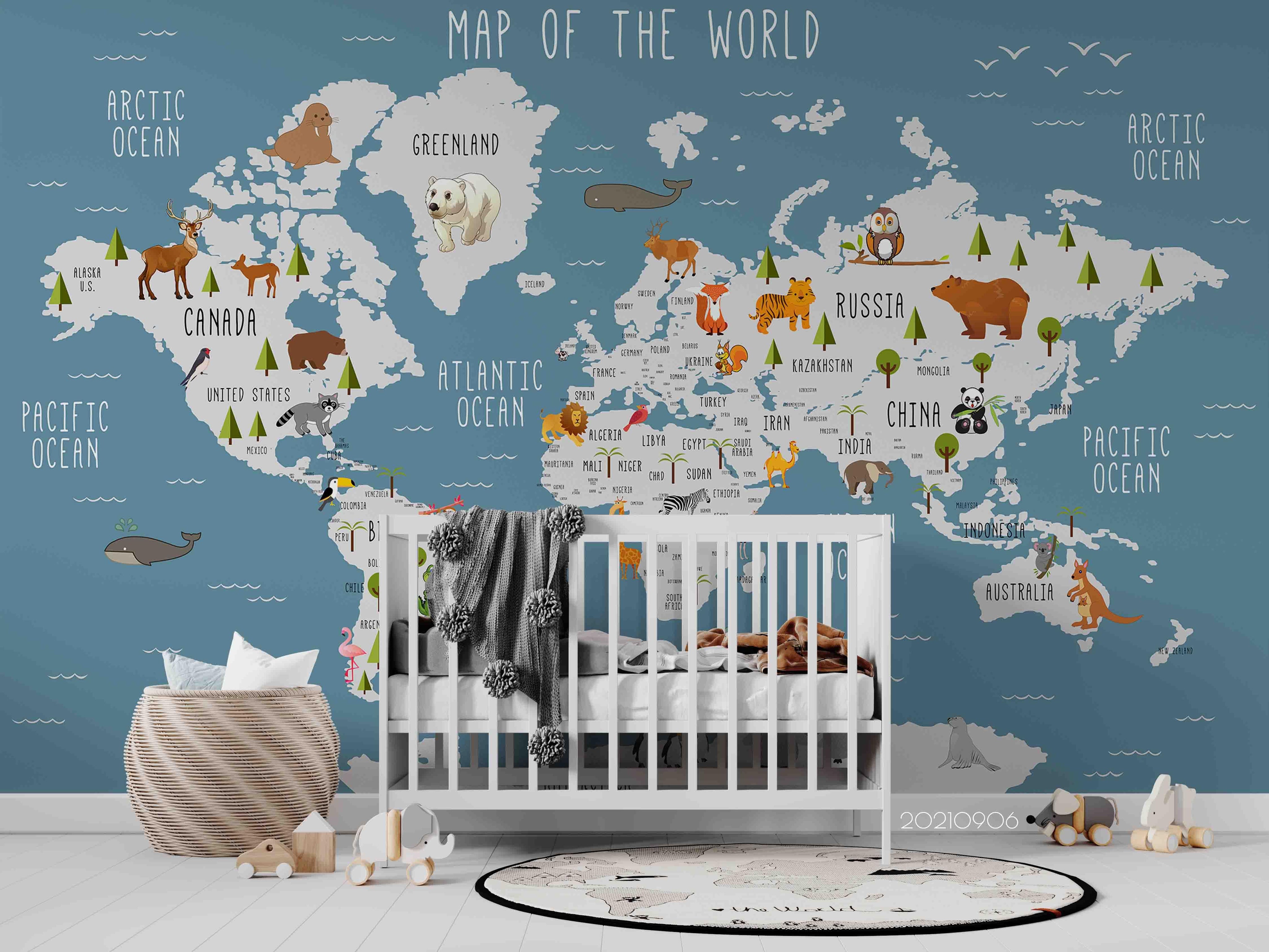 3D Blue World Map Animals Wall Mural Wallpaper LQH 536- Jess Art Decoration