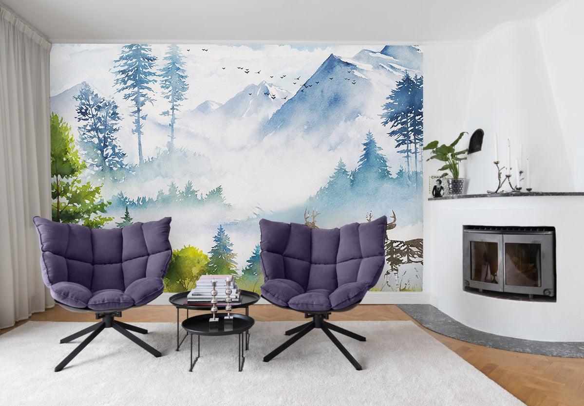 3D blue ink mountain deer wall mural wallpaper 18- Jess Art Decoration
