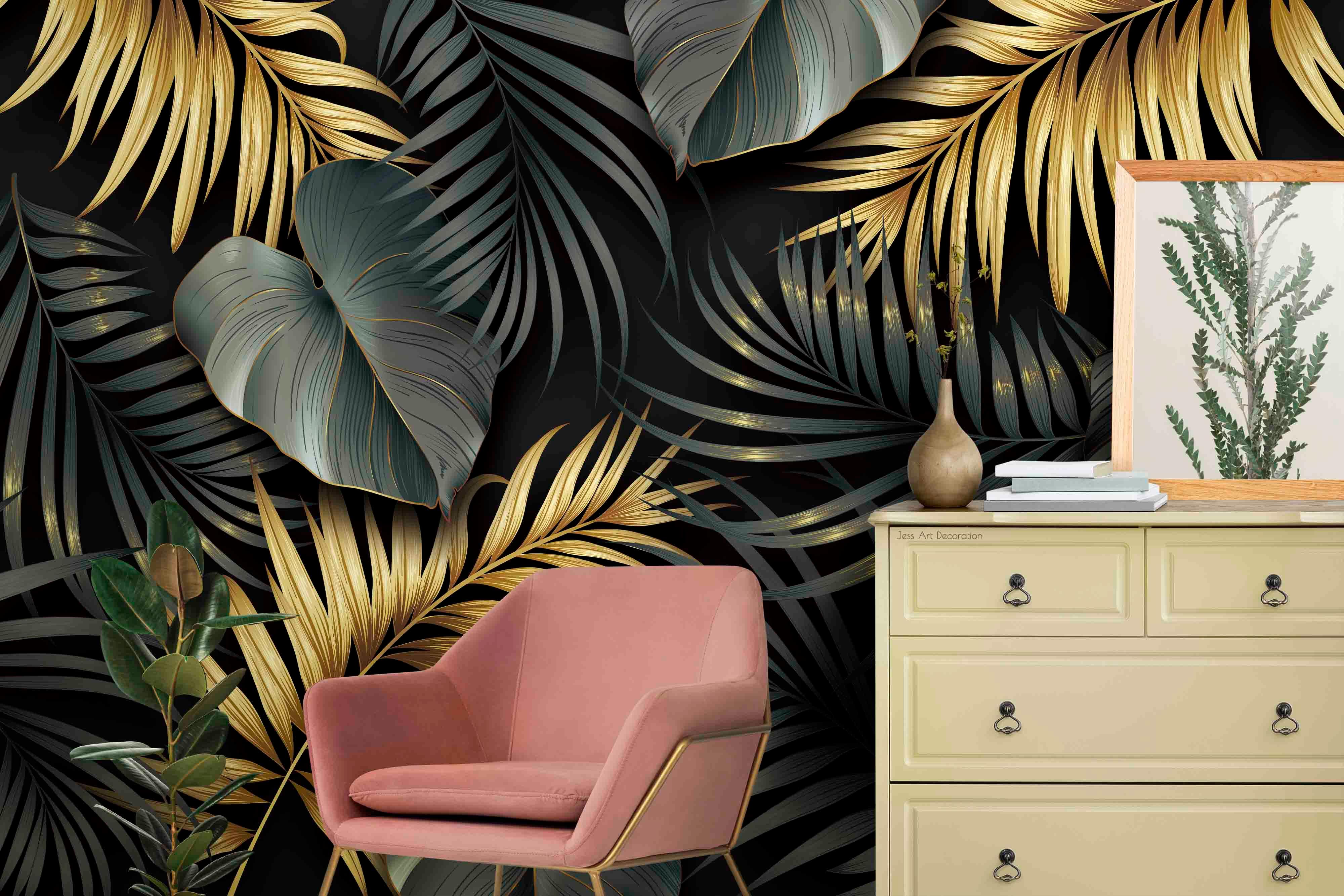 3D Tropical Plant Green Golden Leaf Wall Mural Wallpaper GD 3070- Jess Art Decoration