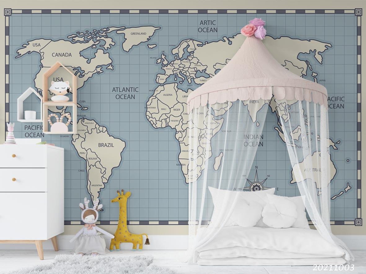 3D Blue World Map Wall Mural Wallpaper LQH 280- Jess Art Decoration