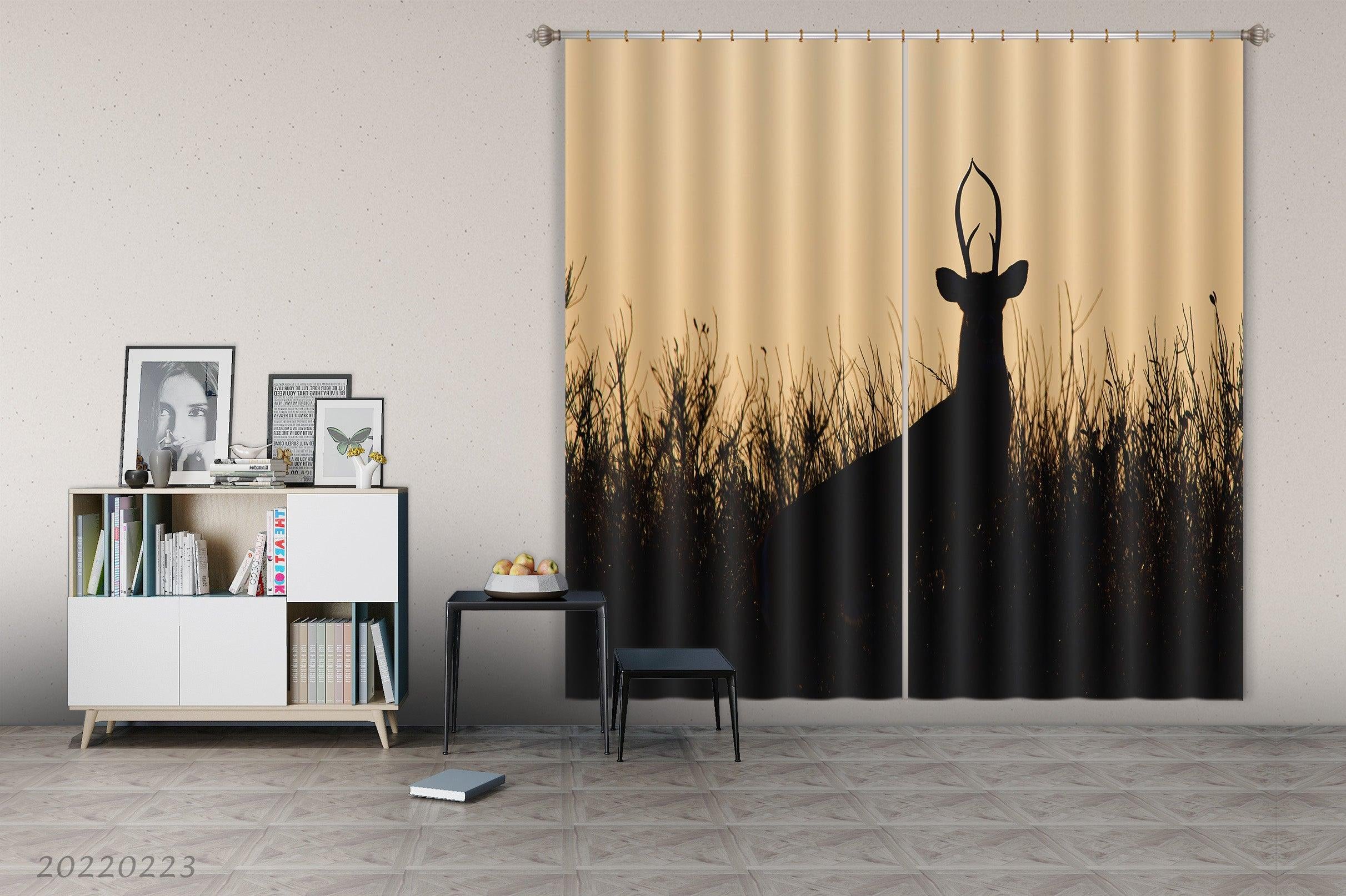 3D Elk Tall Grass Silhouette Curtains and Drapes GD 2422- Jess Art Decoration