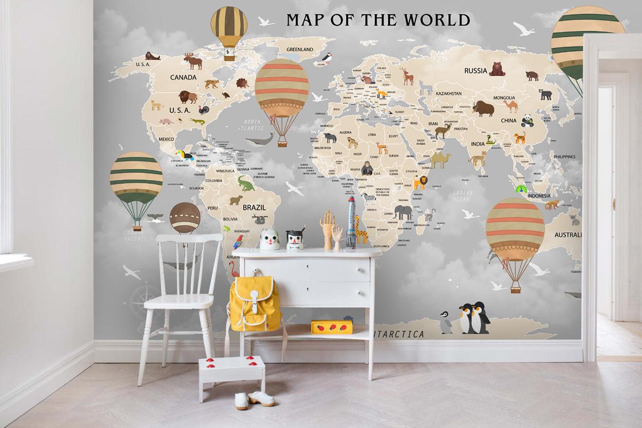 3D World Map Hot Air Balloon Wall Mural Wallpaper LQH 35- Jess Art Decoration