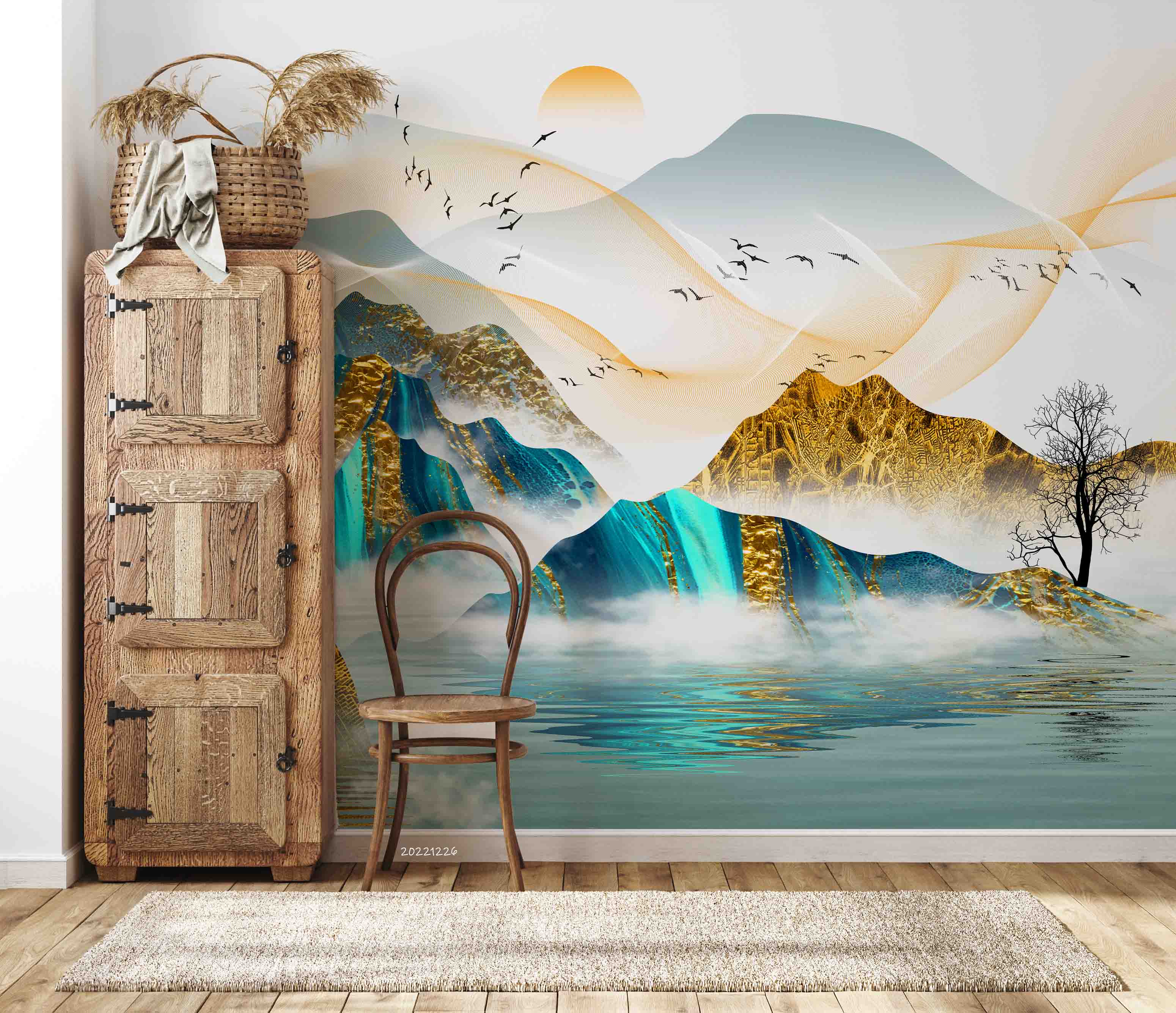 3D Abstract Art Gold Blue Mountain Trees Sun Wall Mural Wallpaper GD 2000- Jess Art Decoration