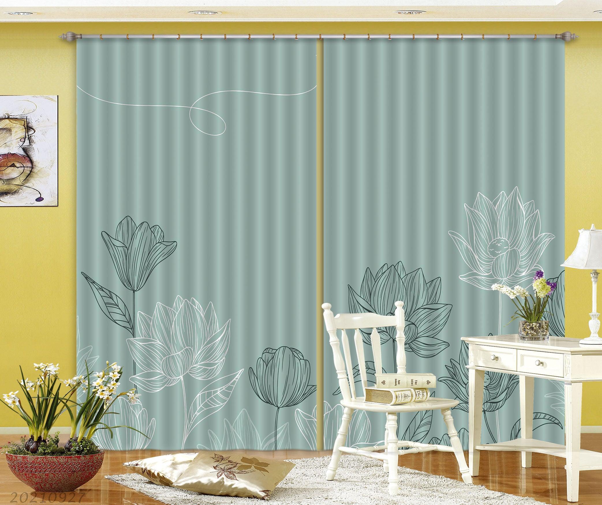 3D Hand Drawn Green Floral Curtains and Drapes LQH 191- Jess Art Decoration
