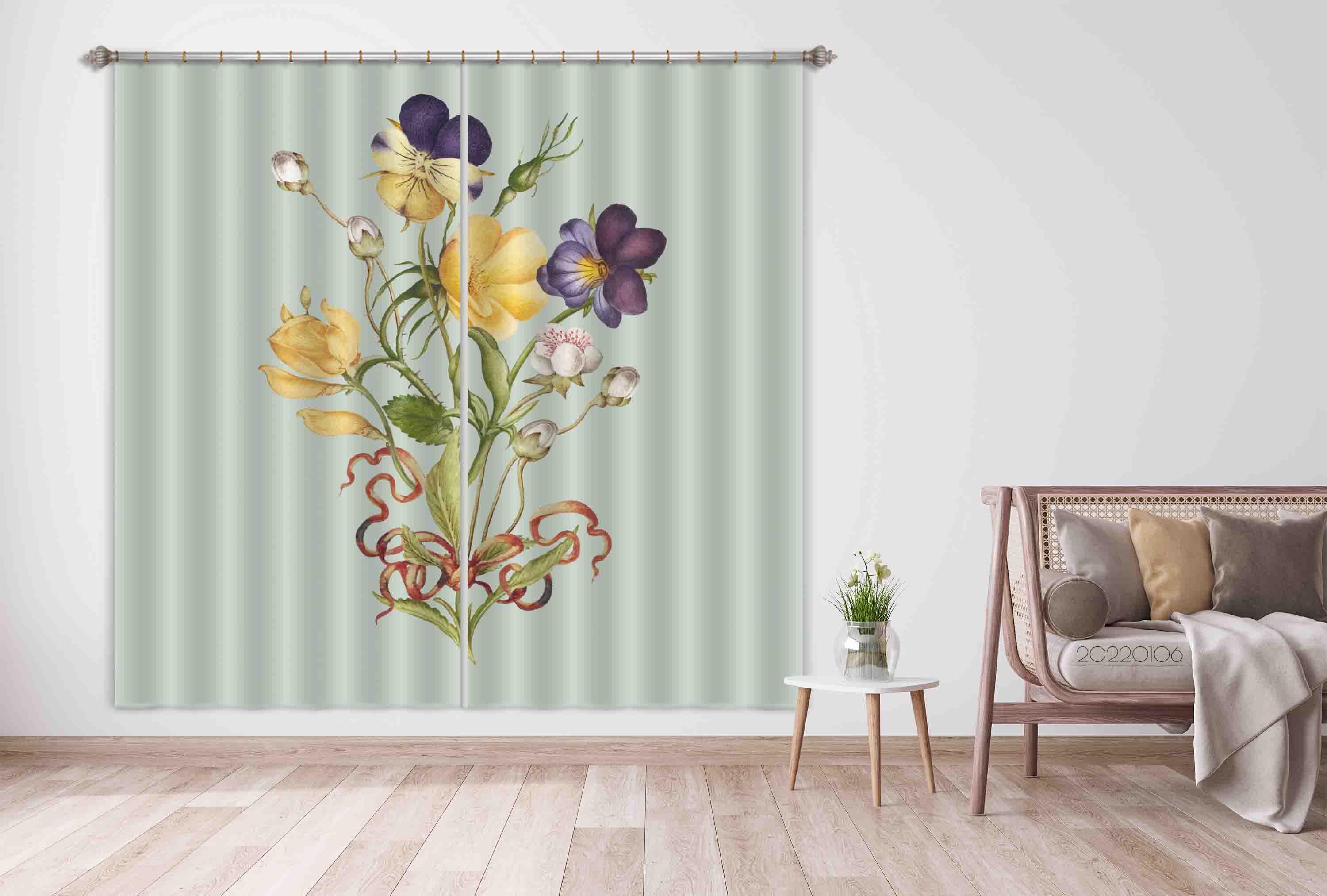 3D Yellow Pansy Flower Bouquet Green Background Curtains and Drapes GD 143- Jess Art Decoration