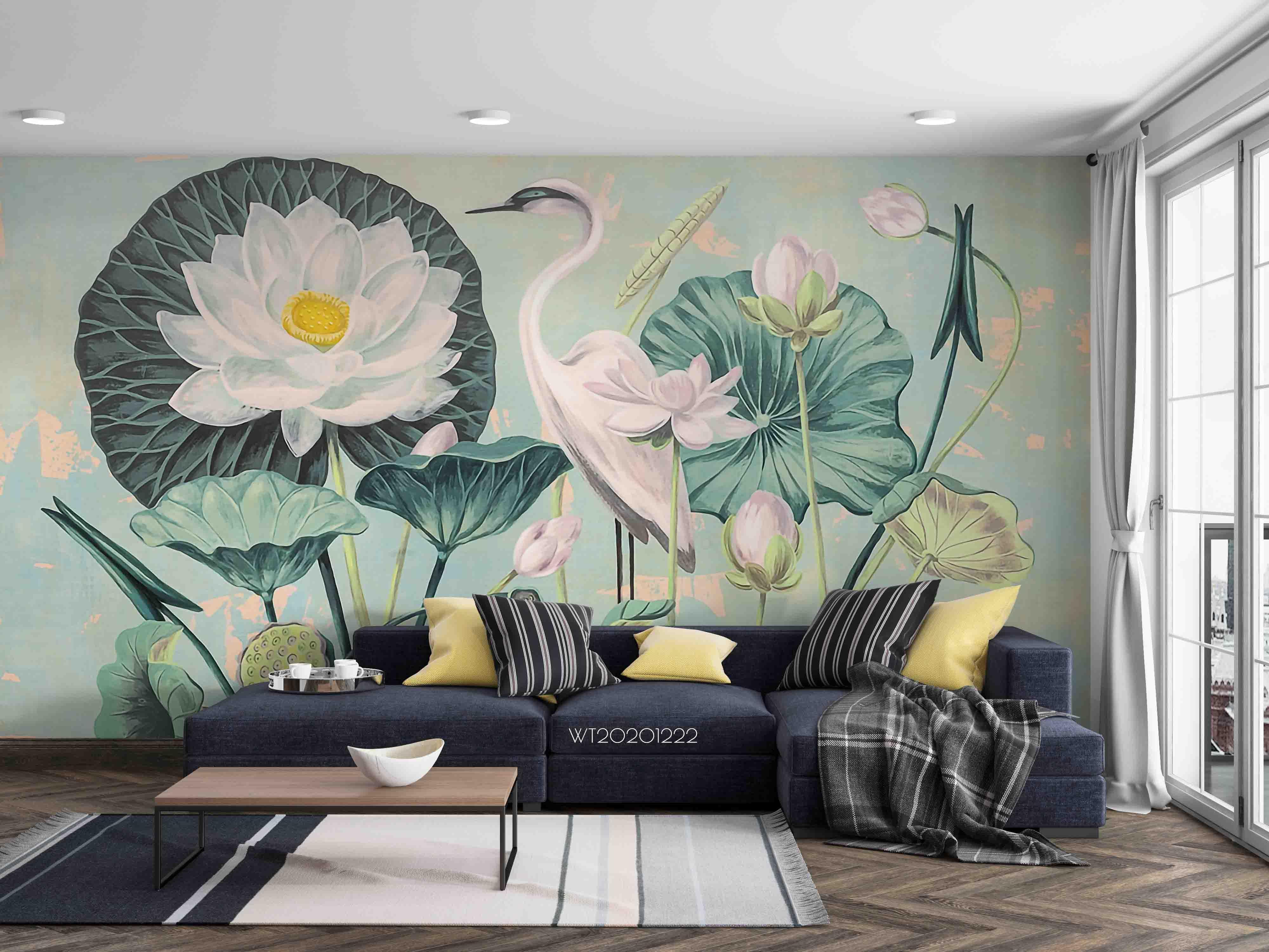 3D Hand Drawn Lotus White Crane Wall Mural Wallpaper LQH 127- Jess Art Decoration