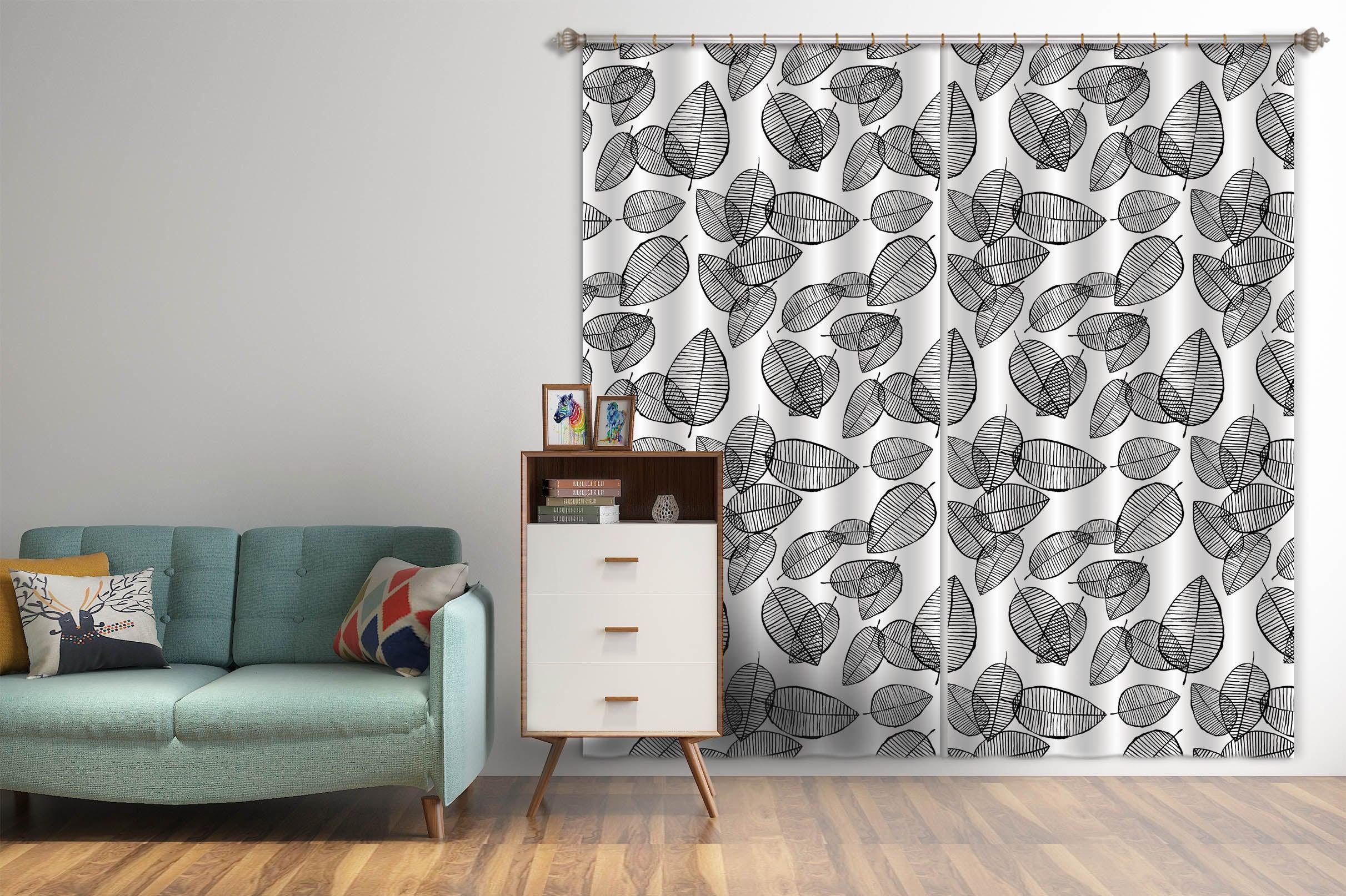3D Simplicity Hand drawing Black White Leaves Pattern Curtains and Drapes 143- Jess Art Decoration