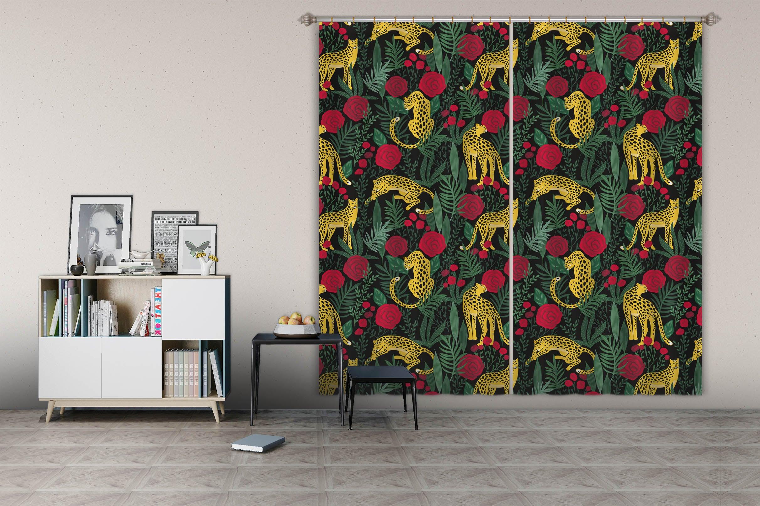 3D Yellow Leopard Red Flowers Curtains and Drapes LQH A818- Jess Art Decoration