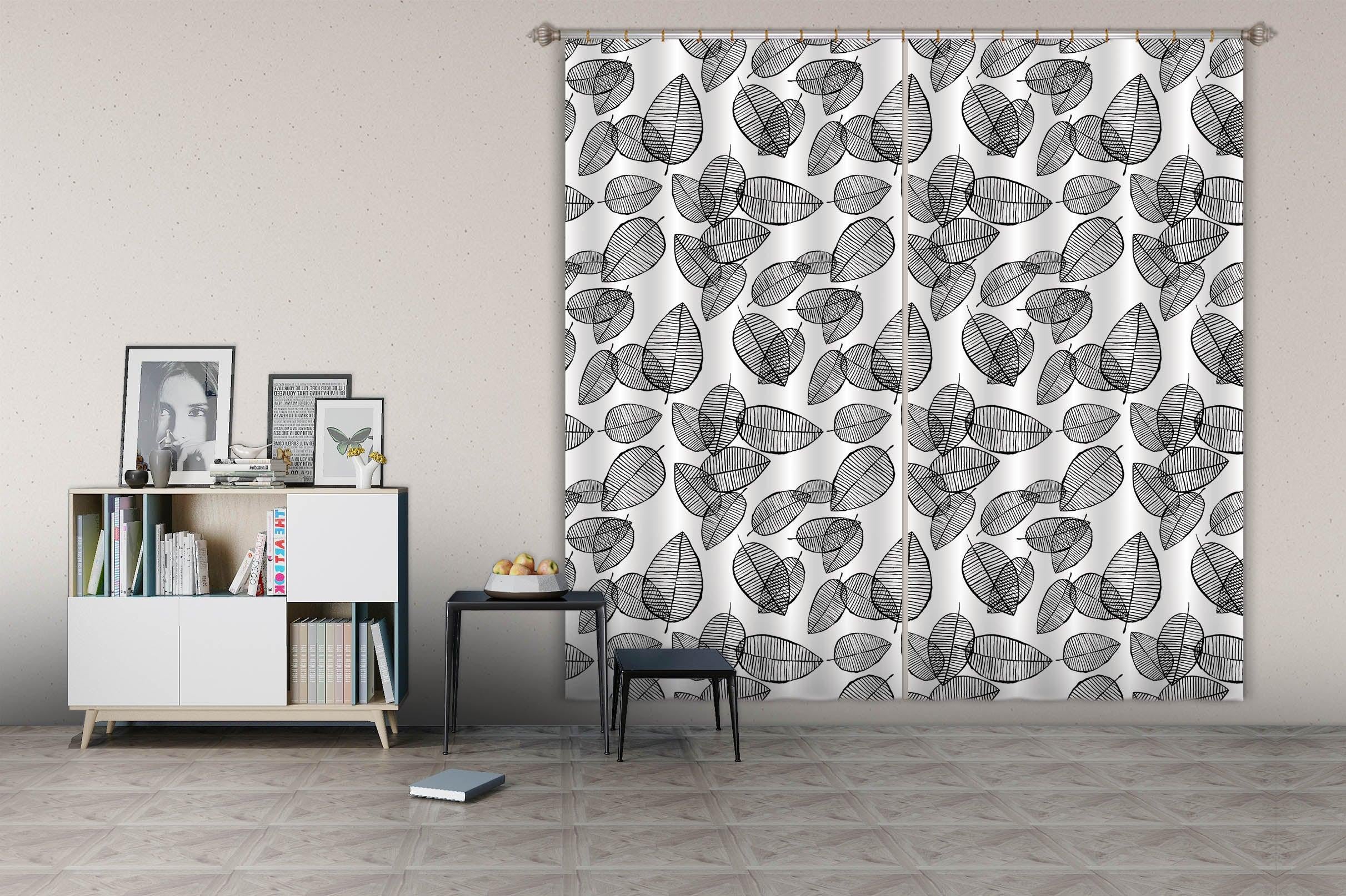 3D Simplicity Hand drawing Black White Leaves Pattern Curtains and Drapes 143- Jess Art Decoration