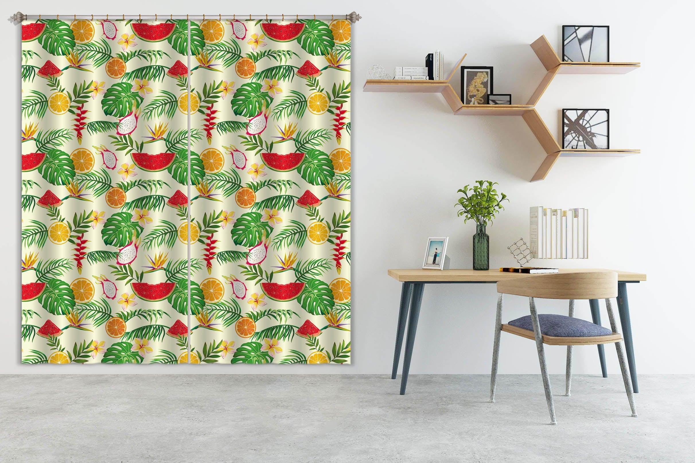 3D Green Tropical Leaves Color Fruits Watermelon Orange  Pitaya Curtains and Drapes 195- Jess Art Decoration