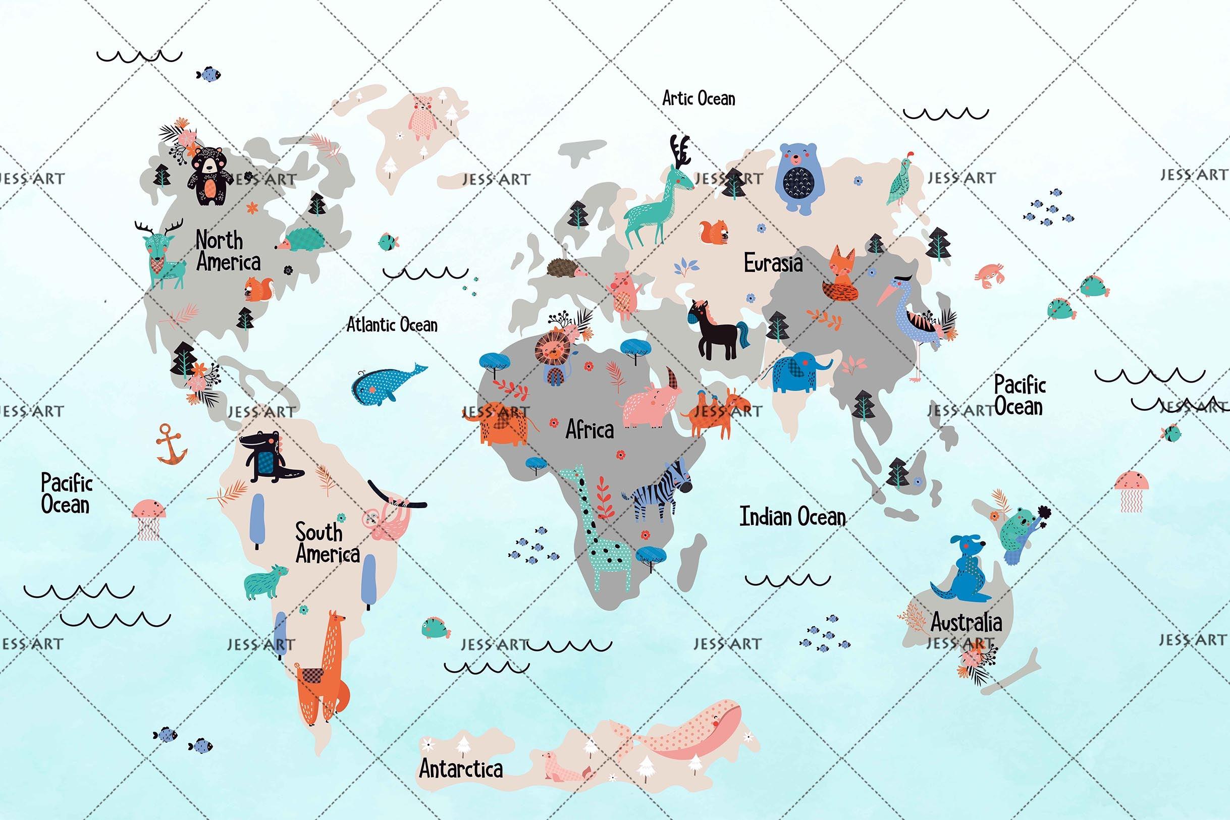 3D Cartoon Animals World Map Wall Mural Wallpaper LQH 20- Jess Art Decoration