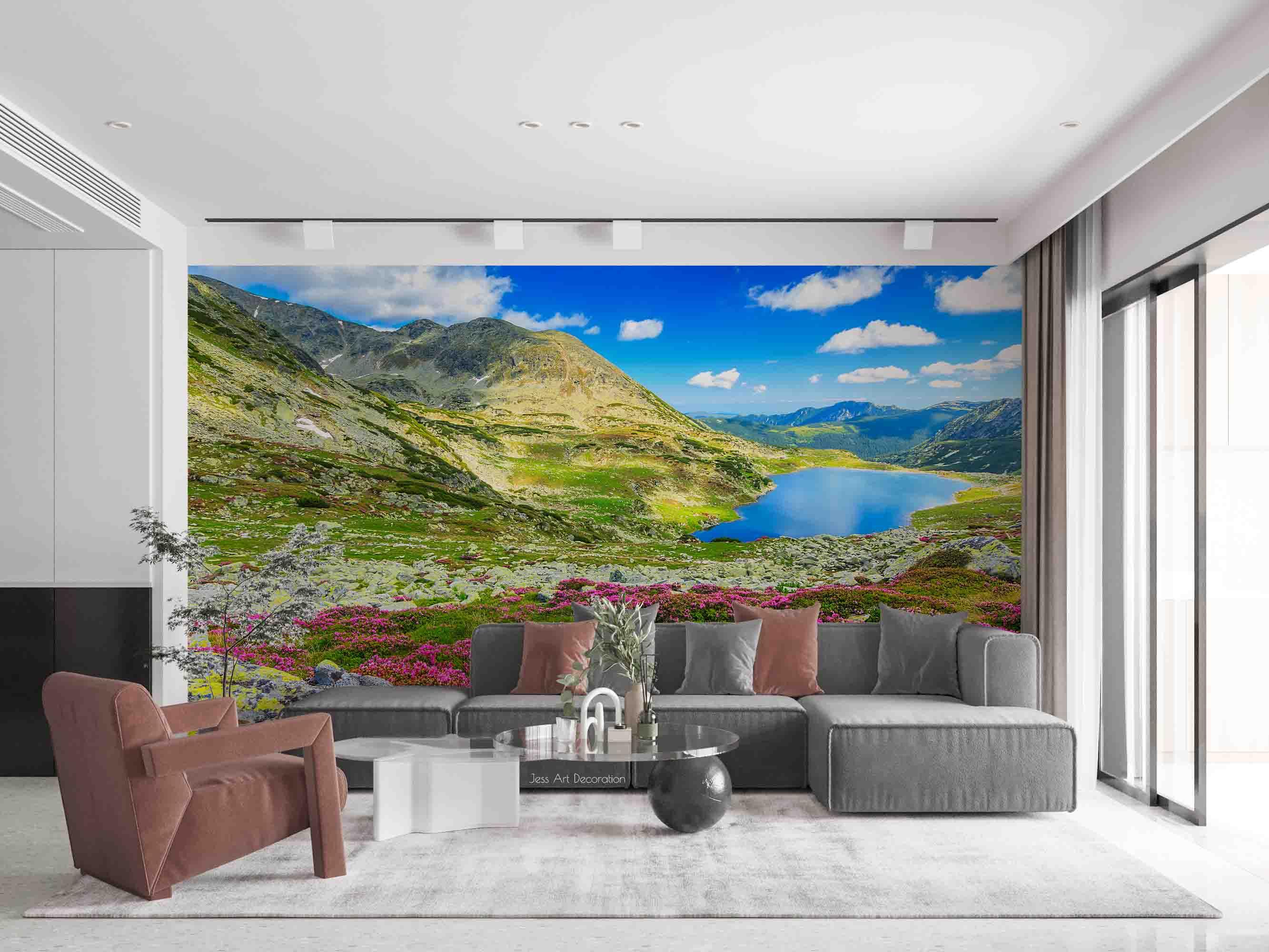 3D Natural Landscape Mountains and Rivers Lake Purple Flowers Stone Blue Sky White Clouds Wall Mural Wallpaper GD 2226- Jess Art Decoration