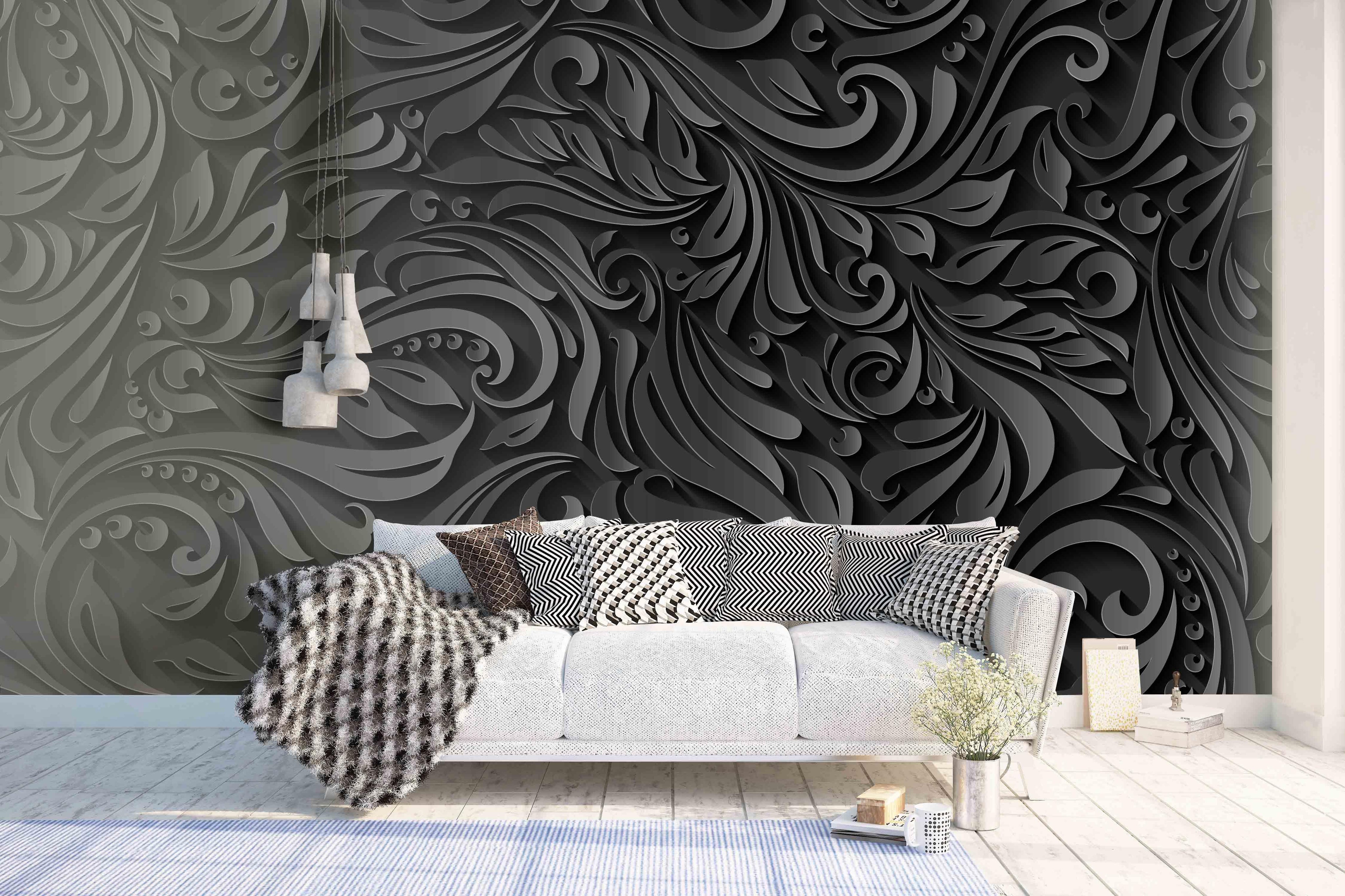 3D Black Abstract Embossed Floral Wall Mural Wallpaper 26- Jess Art Decoration
