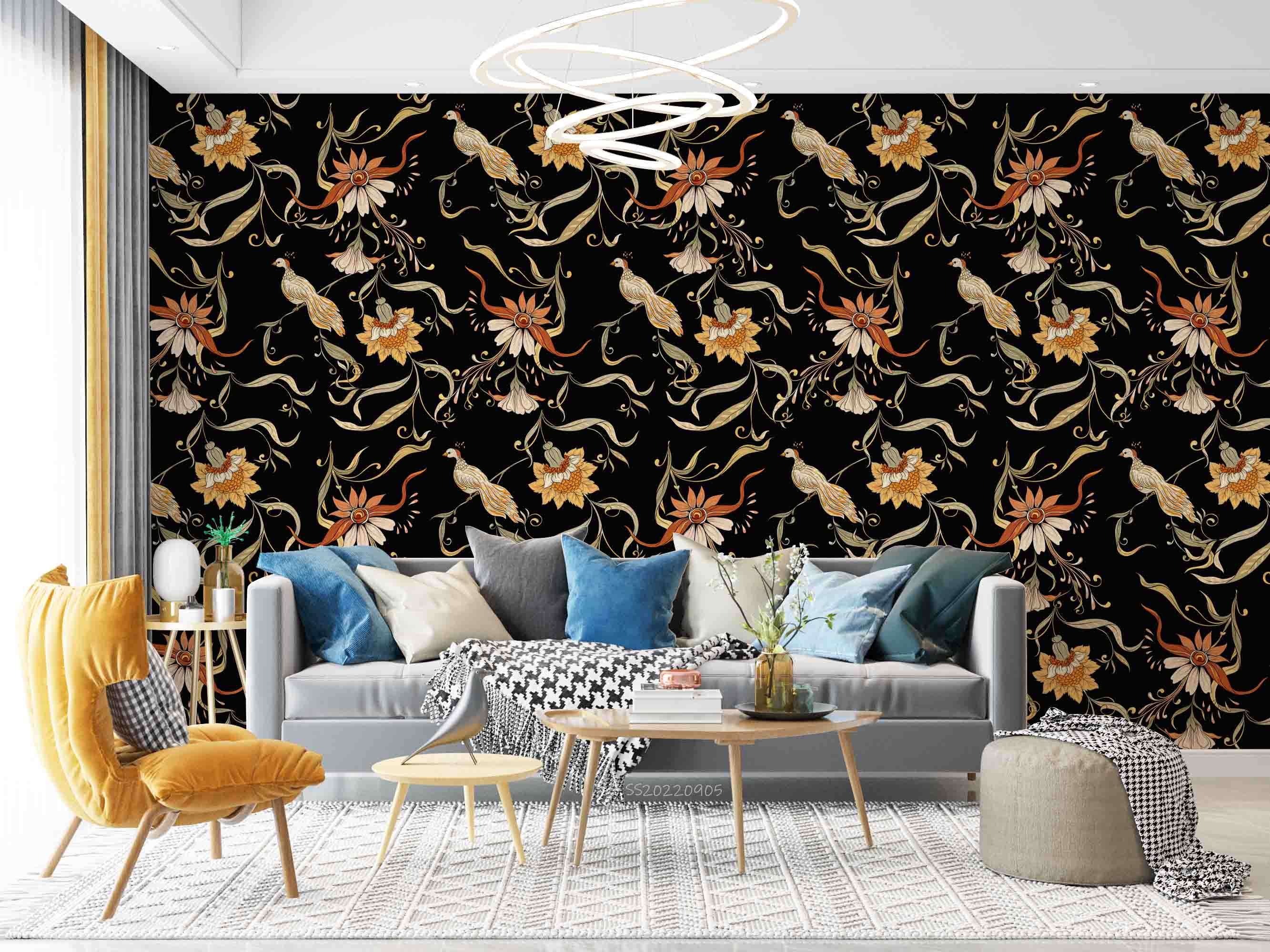 3D Vintage Floral Bird Black Background Wall Mural Wallpaper GD 2625- Jess Art Decoration