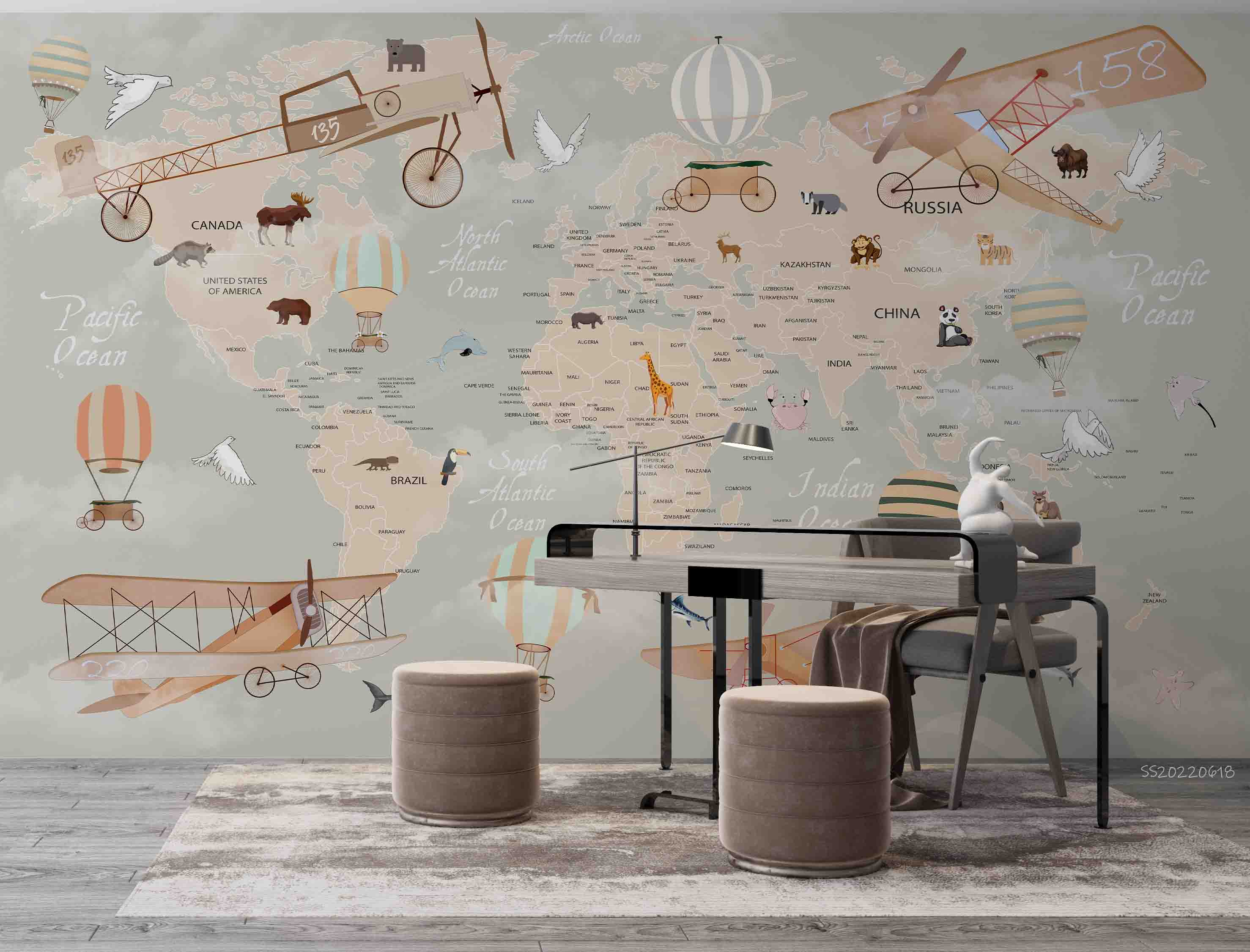 3D World Map Cartoon Animal Aircraft Balloon Wall Mural Wallpaper GD 863- Jess Art Decoration