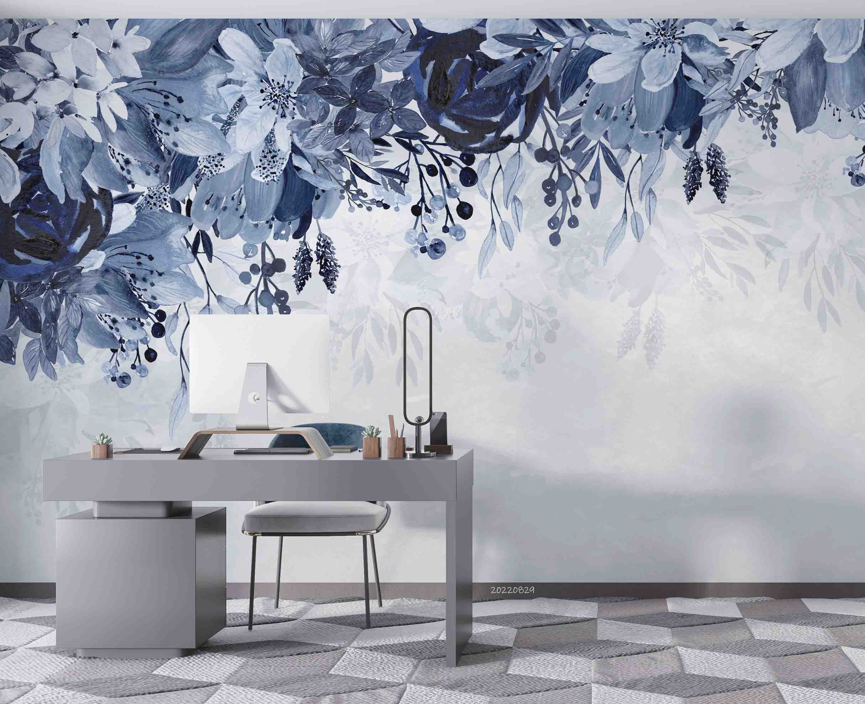 3D Blue Vintage Plant Floral Wall Mural Wallpaper GD 2678- Jess Art Decoration