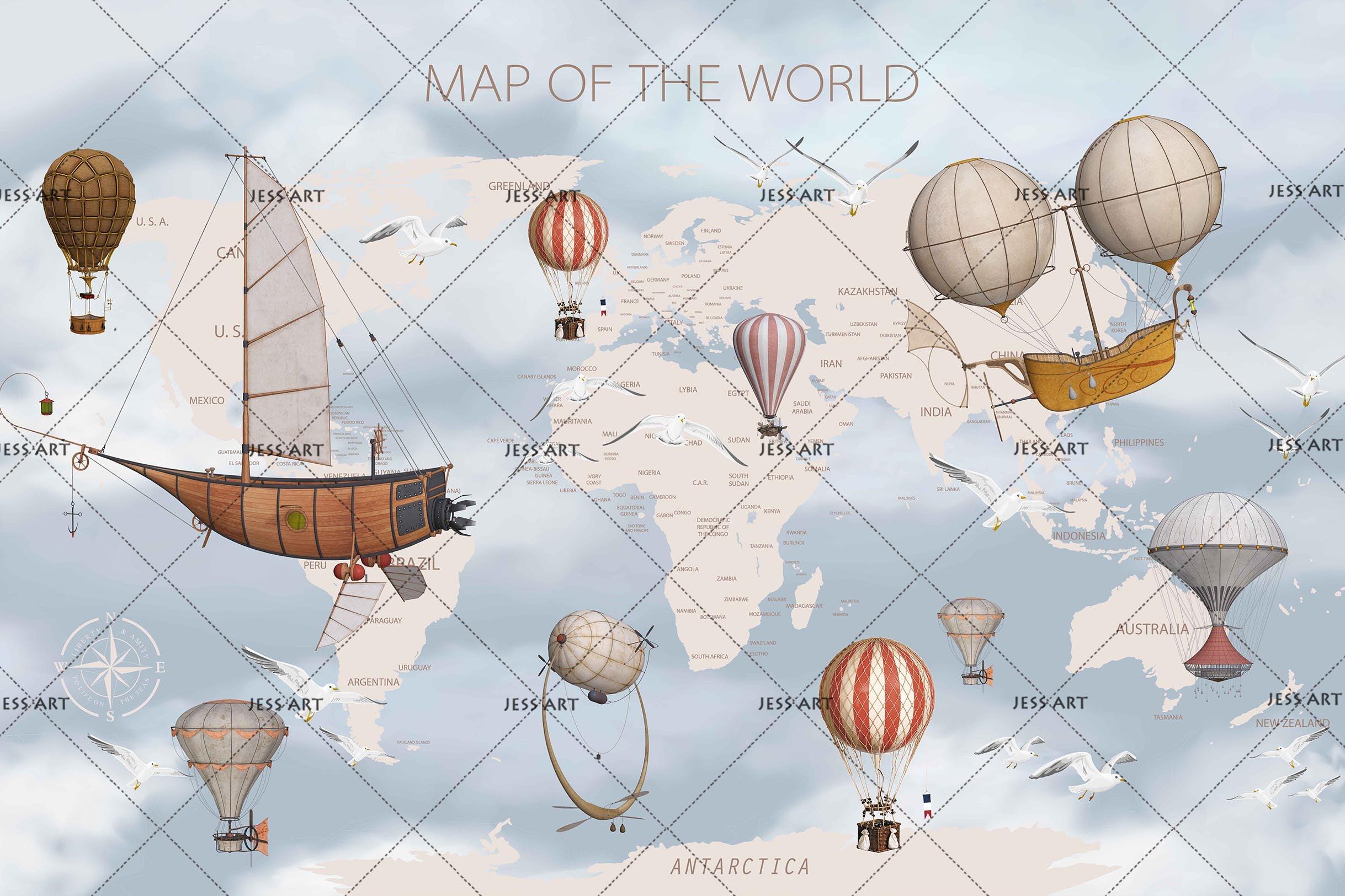 3D World Map Hot Air Balloon Wall Mural Wallpaper LQH 17- Jess Art Decoration