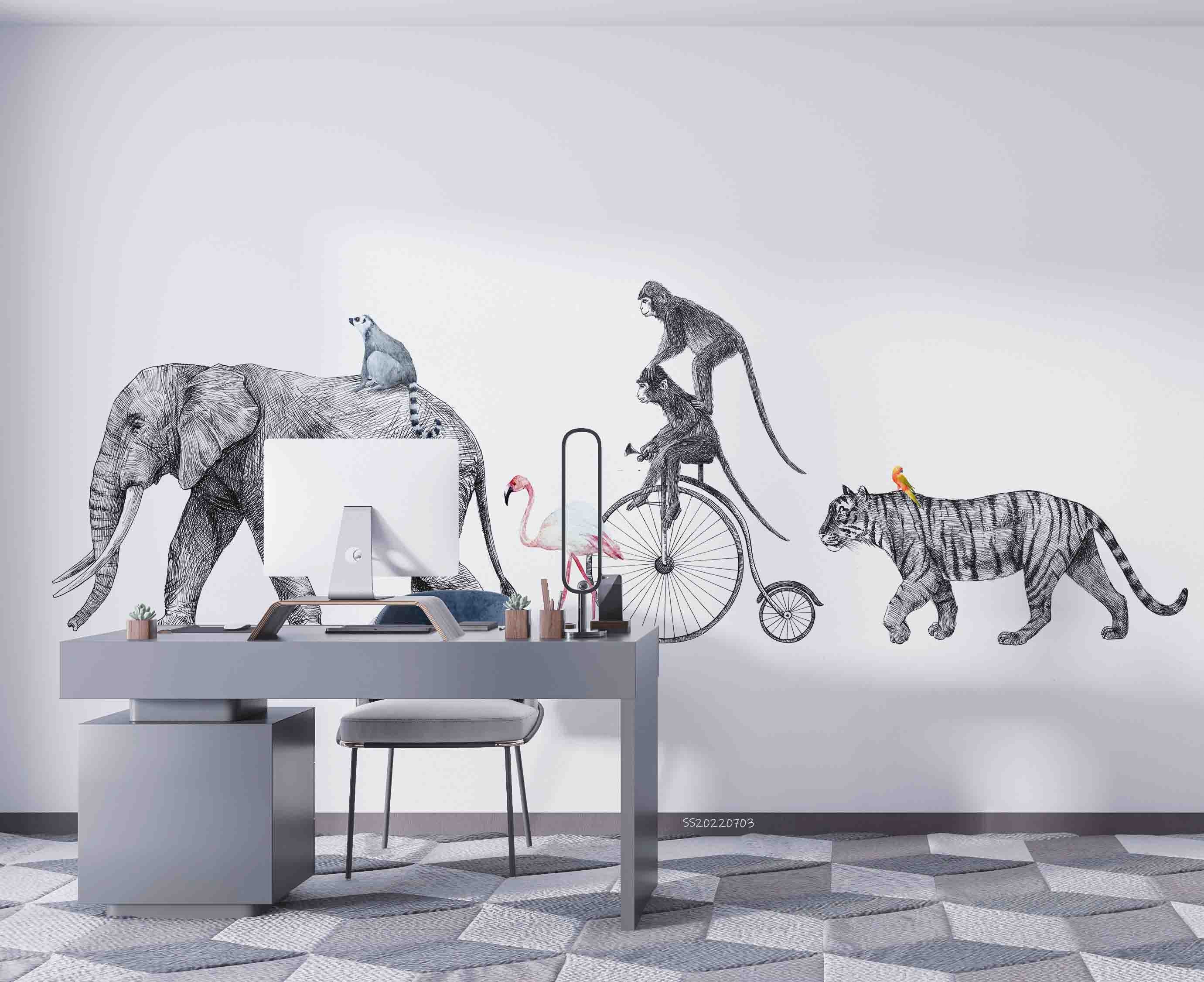 3D Safari Elephant Tiger Monkey Flamingo Bike Wall Mural Wallpaper GD 1030- Jess Art Decoration