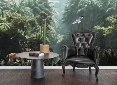3D Tropical Plants Jungle Deer Bird Wall Mural Wallpaper 44- Jess Art Decoration