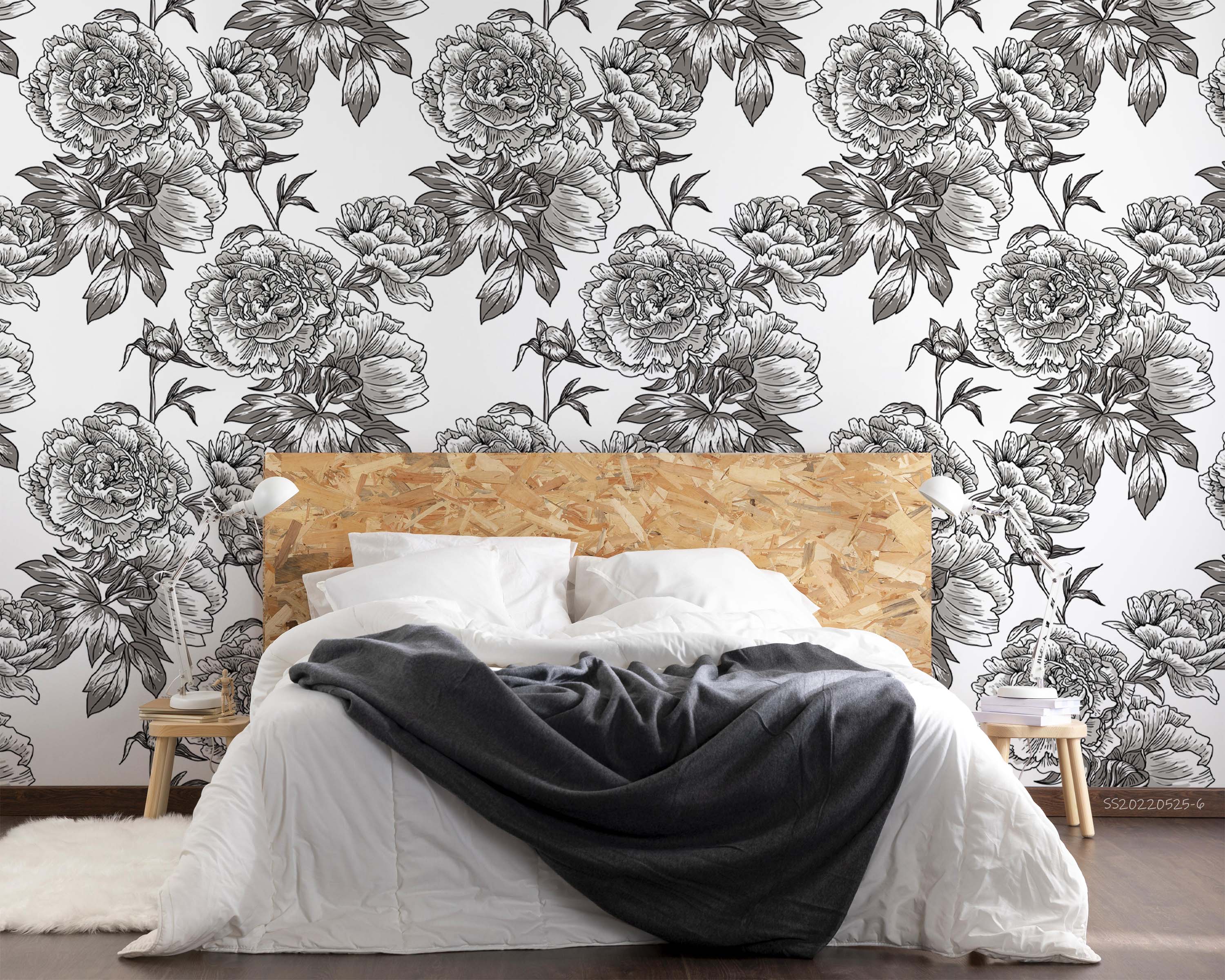 3D Sketch Peony Floral Pattern Black White Wall Mural Wallpaper GD 1329- Jess Art Decoration