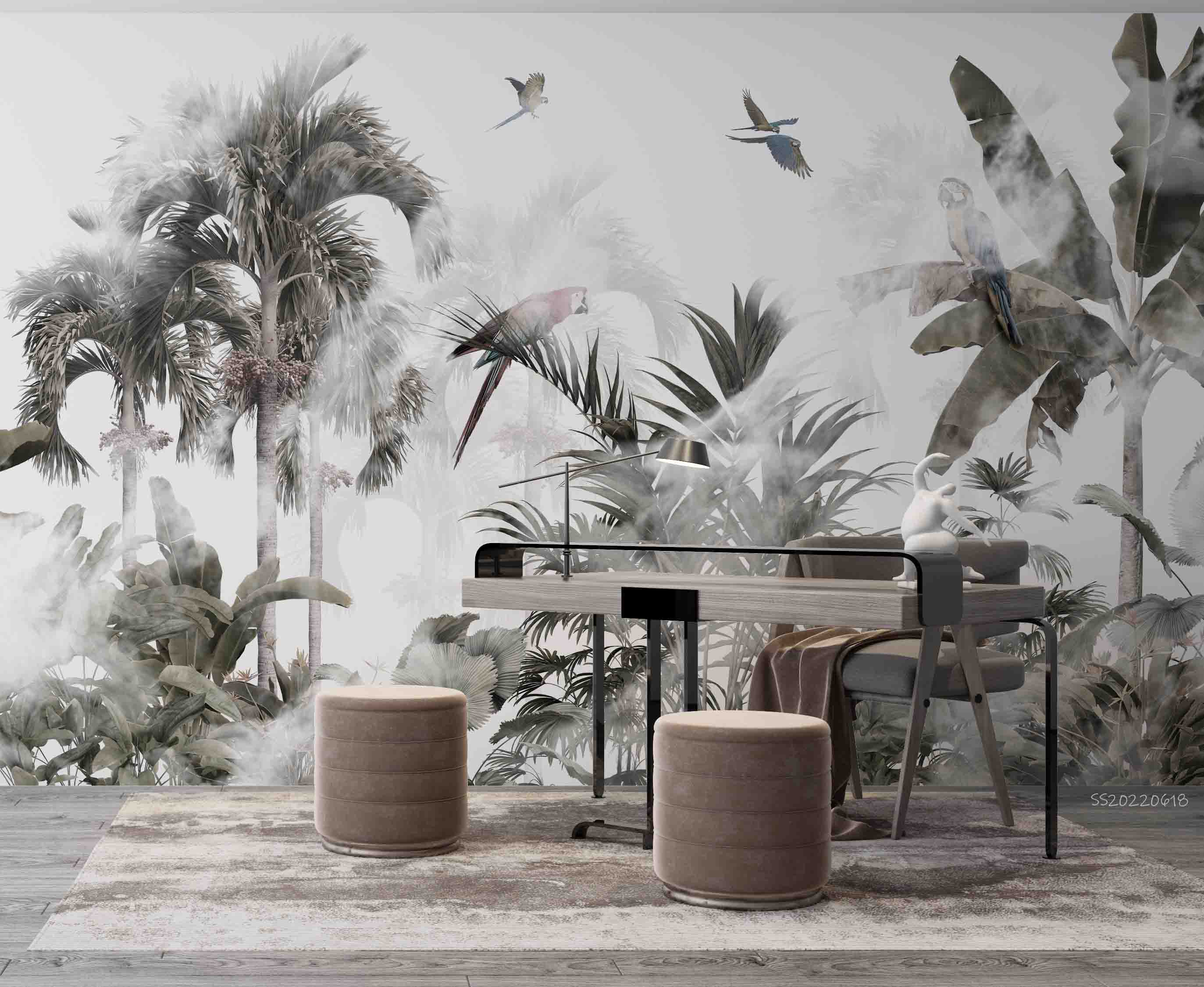 3D Tropical Plant Palm Tree Leaf Parrot Misty Wall Mural Wallpaper GD 856- Jess Art Decoration
