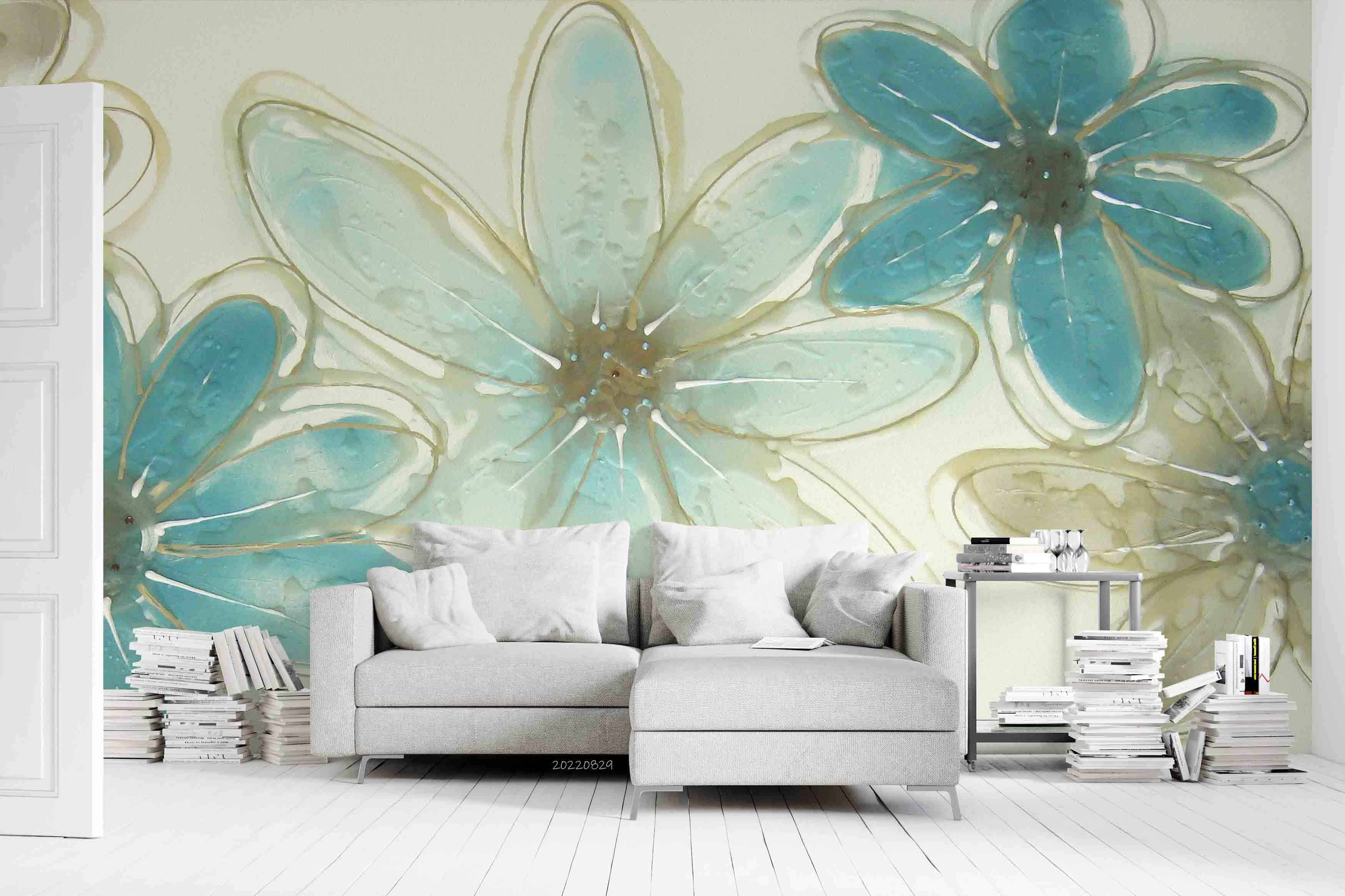 3D Teal Floral Watercolor Wall Mural Wallpaper GD 2667- Jess Art Decoration