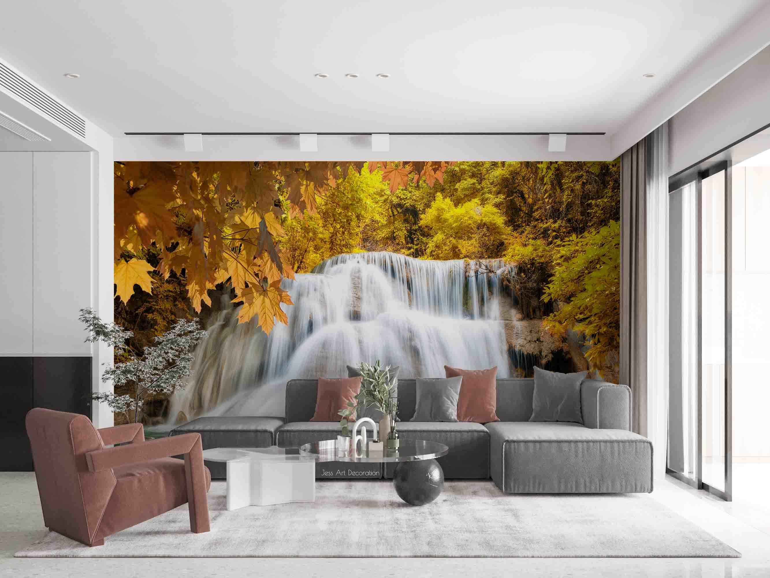 3D Waterfall Plant Maple Leaf Golden Landscape Wall Mural Wallpaper LLL 1792- Jess Art Decoration