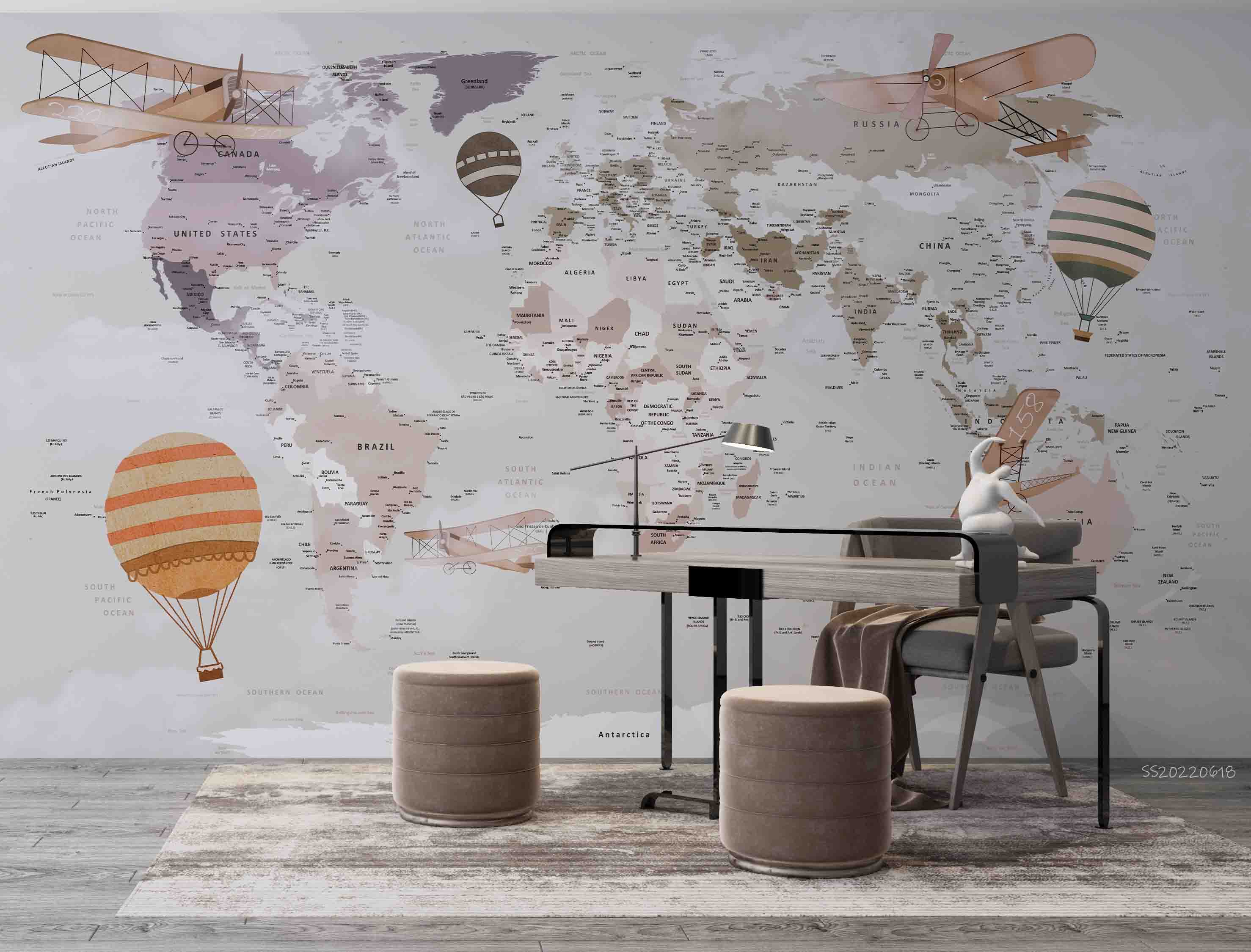 3D World Map Cartoon Retro Airplane Balloon Wall Mural Wallpaper GD 866- Jess Art Decoration