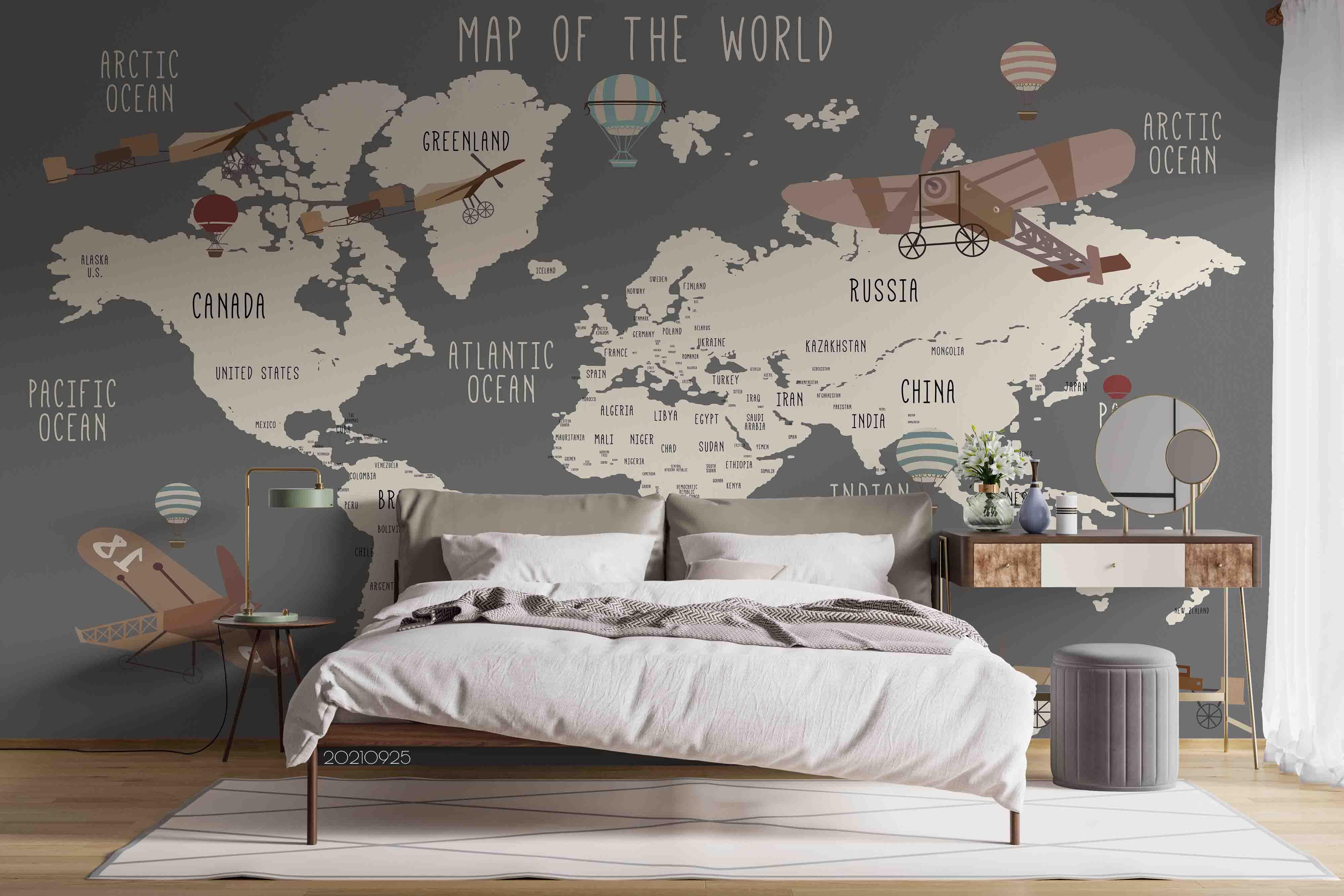 3D Gray World Map Airplane Wall Mural Wallpaper LQH 282- Jess Art Decoration