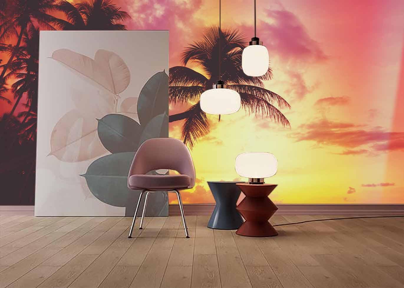 3D pink sky coconut tree wall mural wallpaper 65- Jess Art Decoration