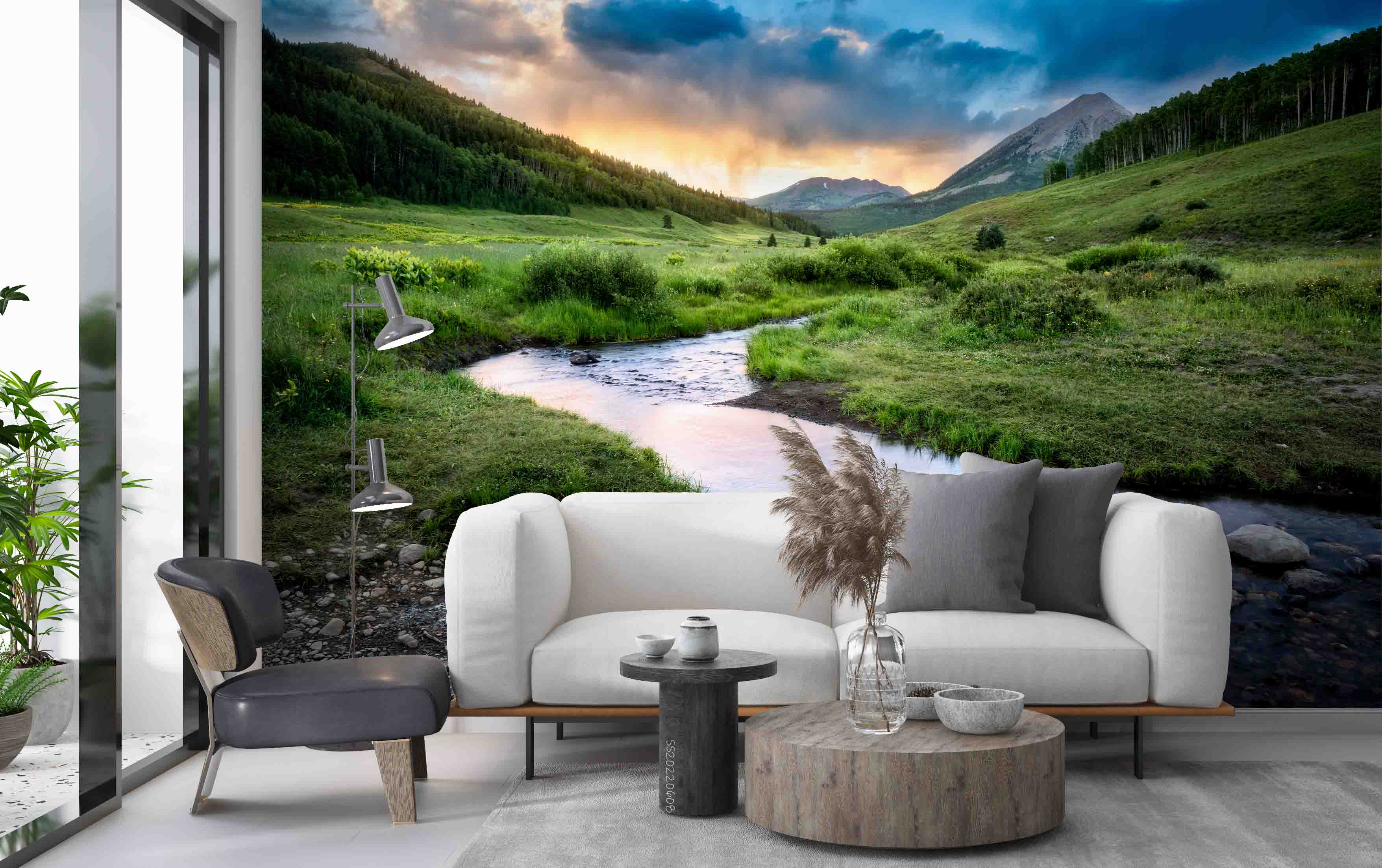 3D Wilderness Creek Green Plant Mountain Sky Scenery Wall Mural Wallpaper GD 579- Jess Art Decoration