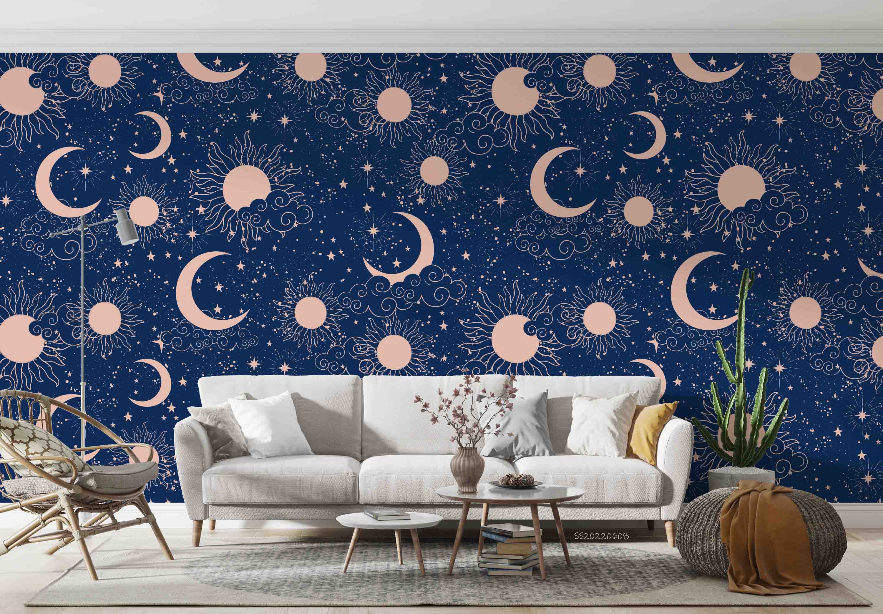3D Sun Crescent Moon Stars Blue Background Wall Mural Wallpaper GD 433- Jess Art Decoration