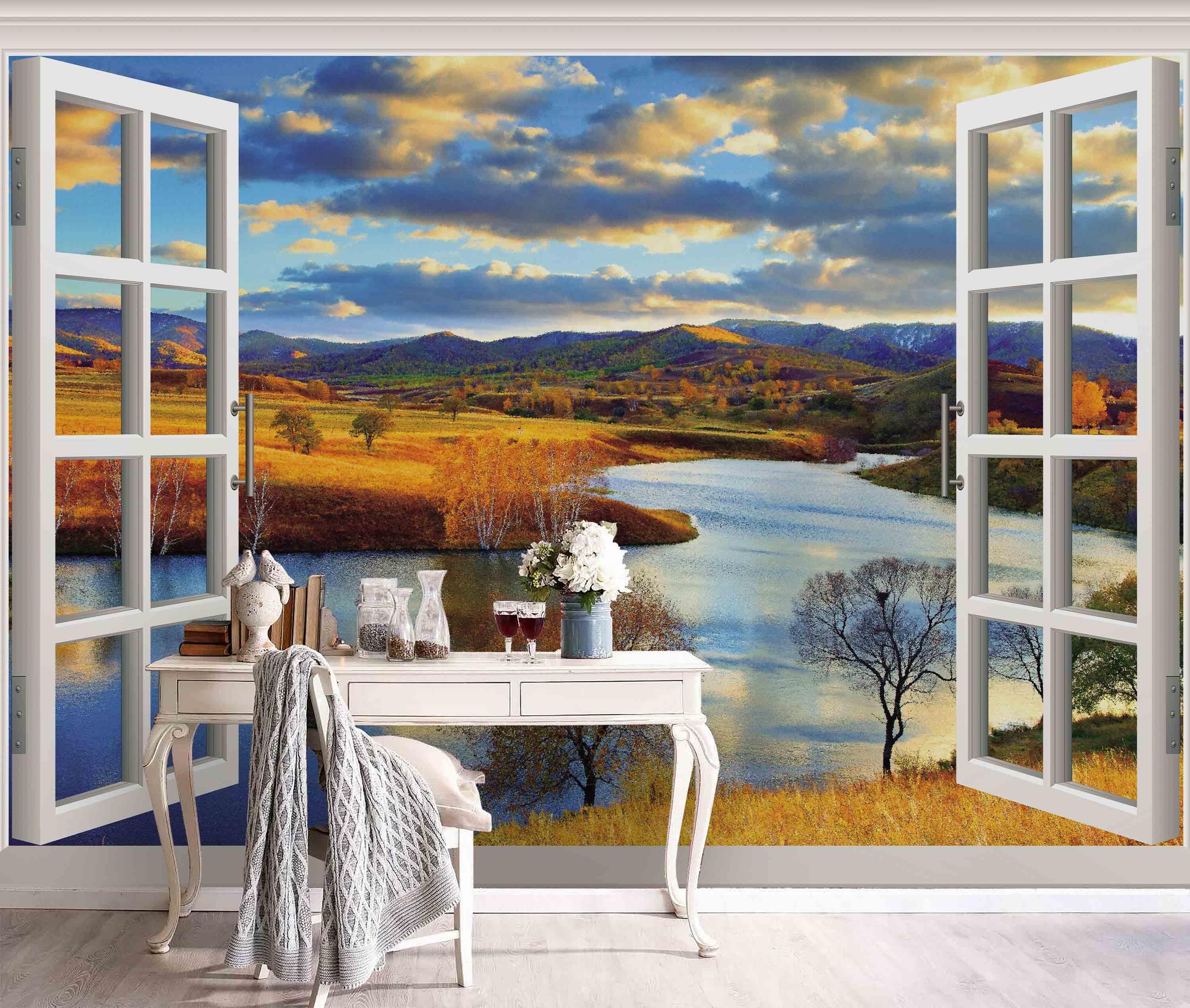 3D Window Mountains River Wall Mural Wallpaper 203- Jess Art Decoration