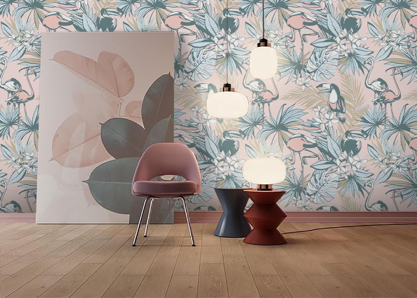 3D Flamingo Leaves Pink Wall Mural Wallpaper 171- Jess Art Decoration