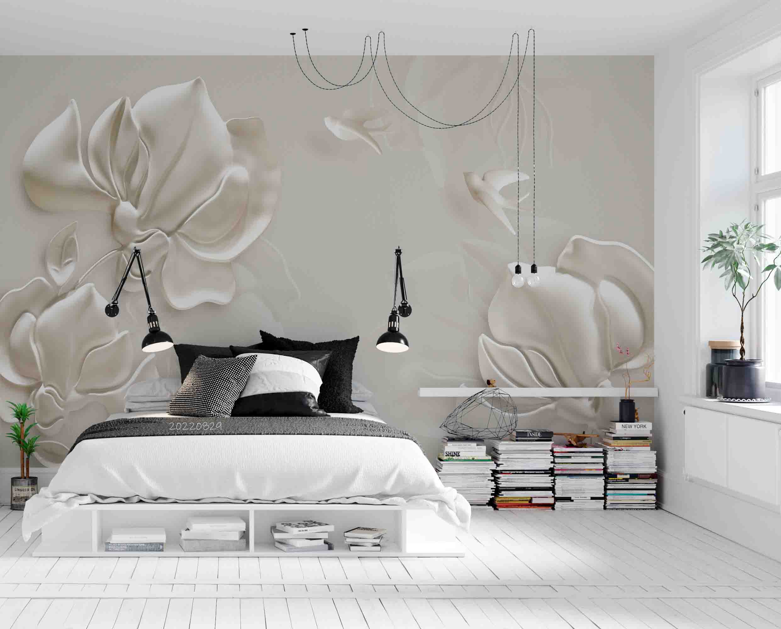 3D Embossed Floral Bird White Background Wall Mural Wallpaper GD 2711- Jess Art Decoration