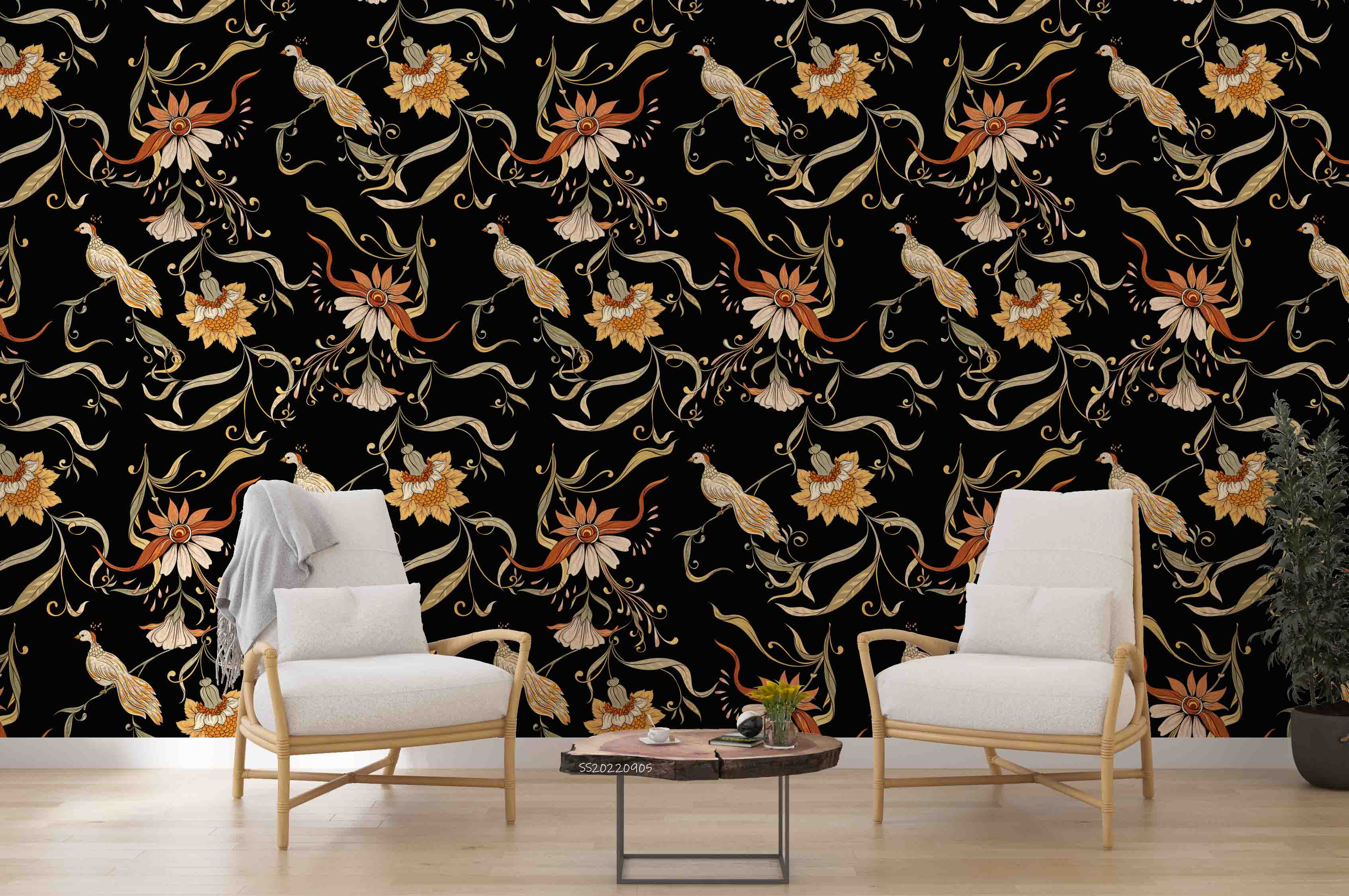 3D Vintage Floral Bird Black Background Wall Mural Wallpaper GD 2625- Jess Art Decoration