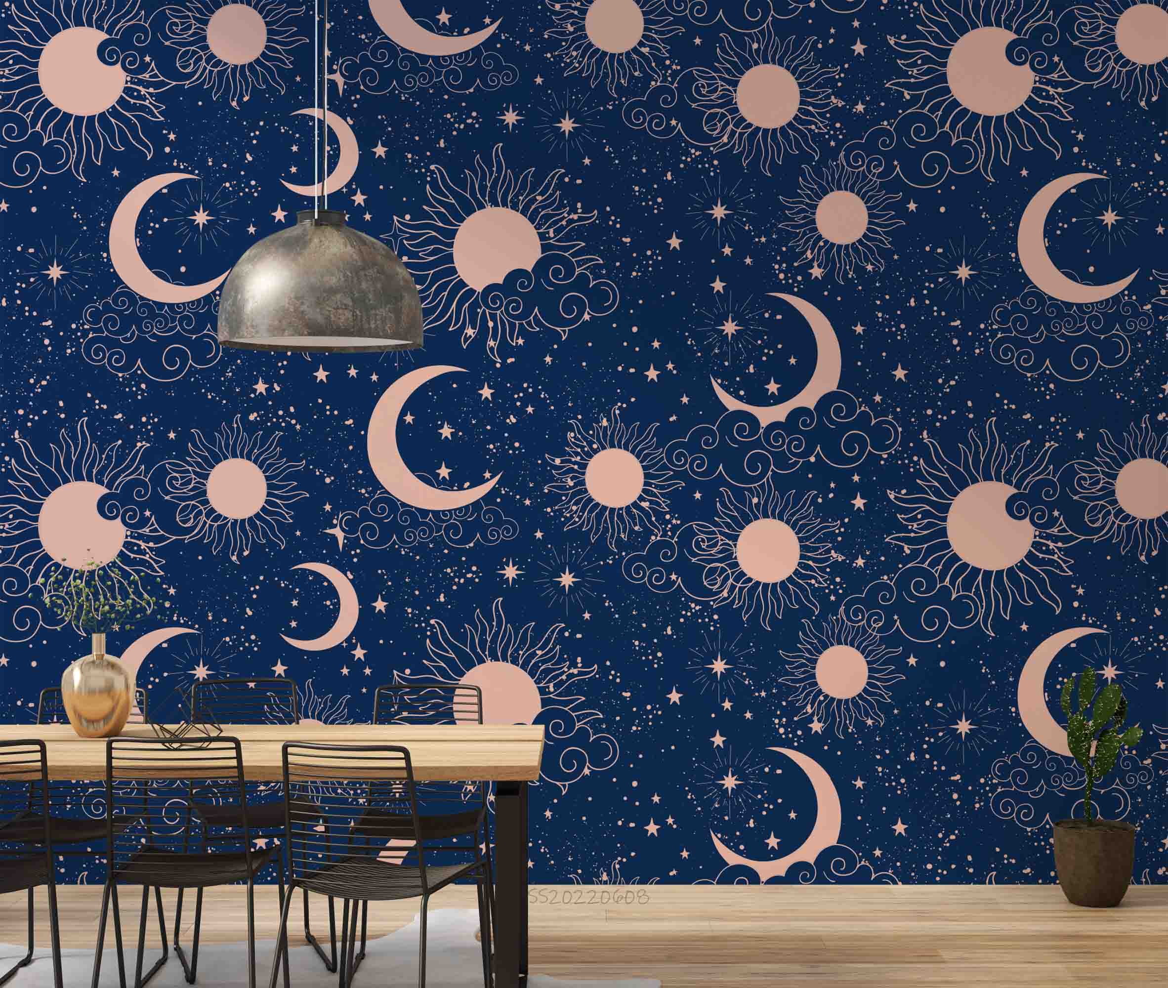 3D Sun Crescent Moon Stars Blue Background Wall Mural Wallpaper GD 433- Jess Art Decoration