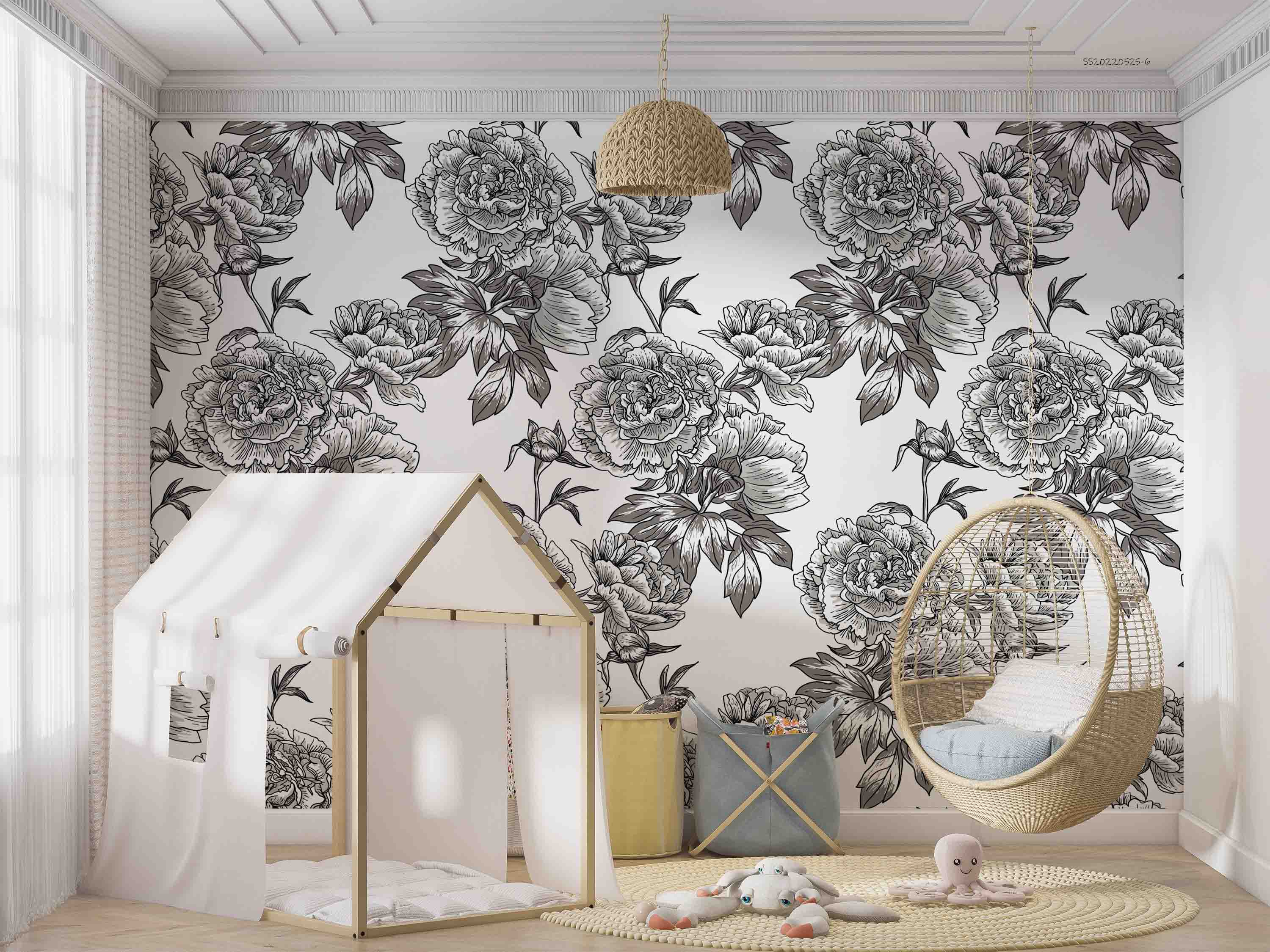 3D Sketch Peony Floral Pattern Black White Wall Mural Wallpaper GD 1329- Jess Art Decoration
