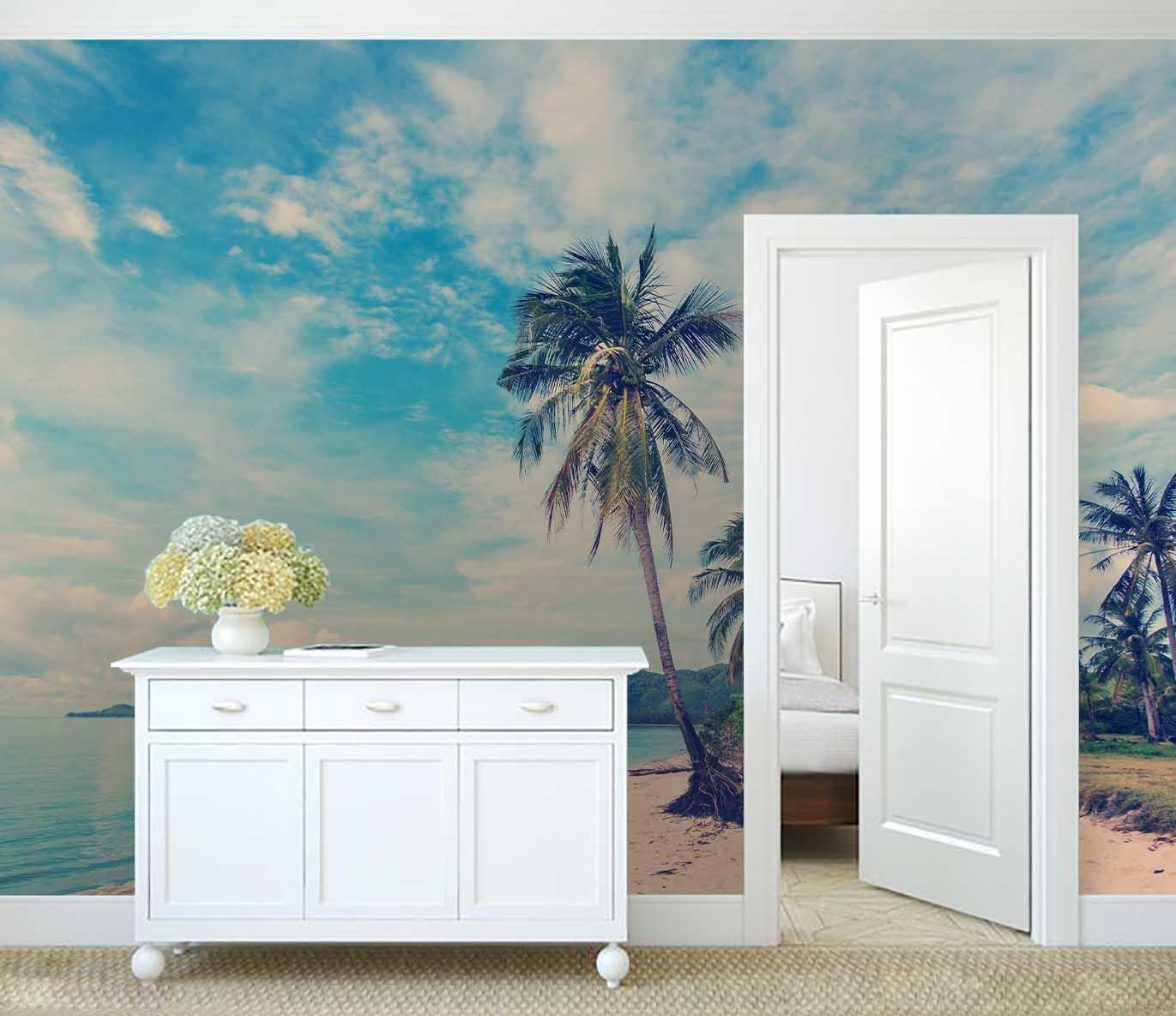 3D blue sky sea beach coconut tree wall mural wallpaper 104- Jess Art Decoration